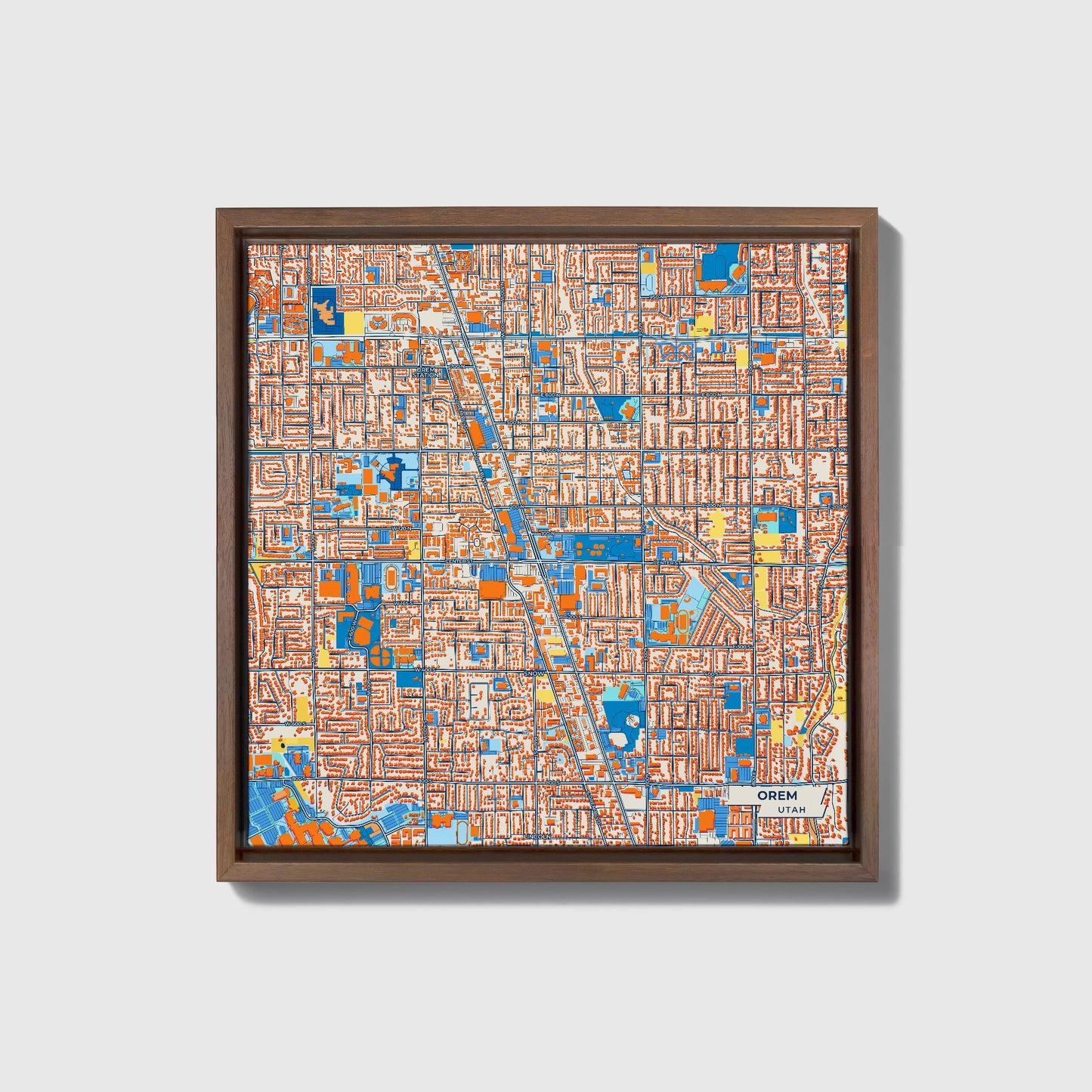 Orem Utah Colorful City Map Canvas Print • Dark Wooden Framed