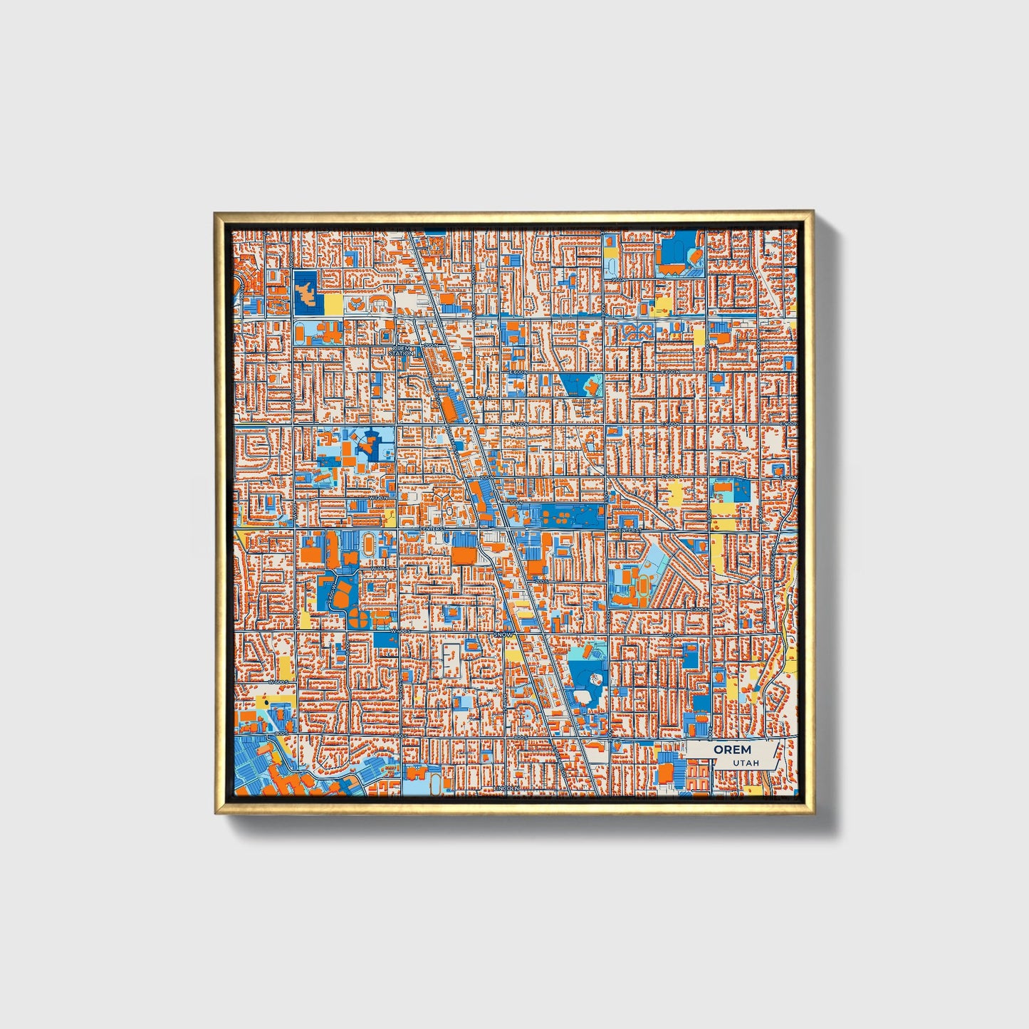 Orem Utah Colorful City Map Canvas Print • Gold Framed