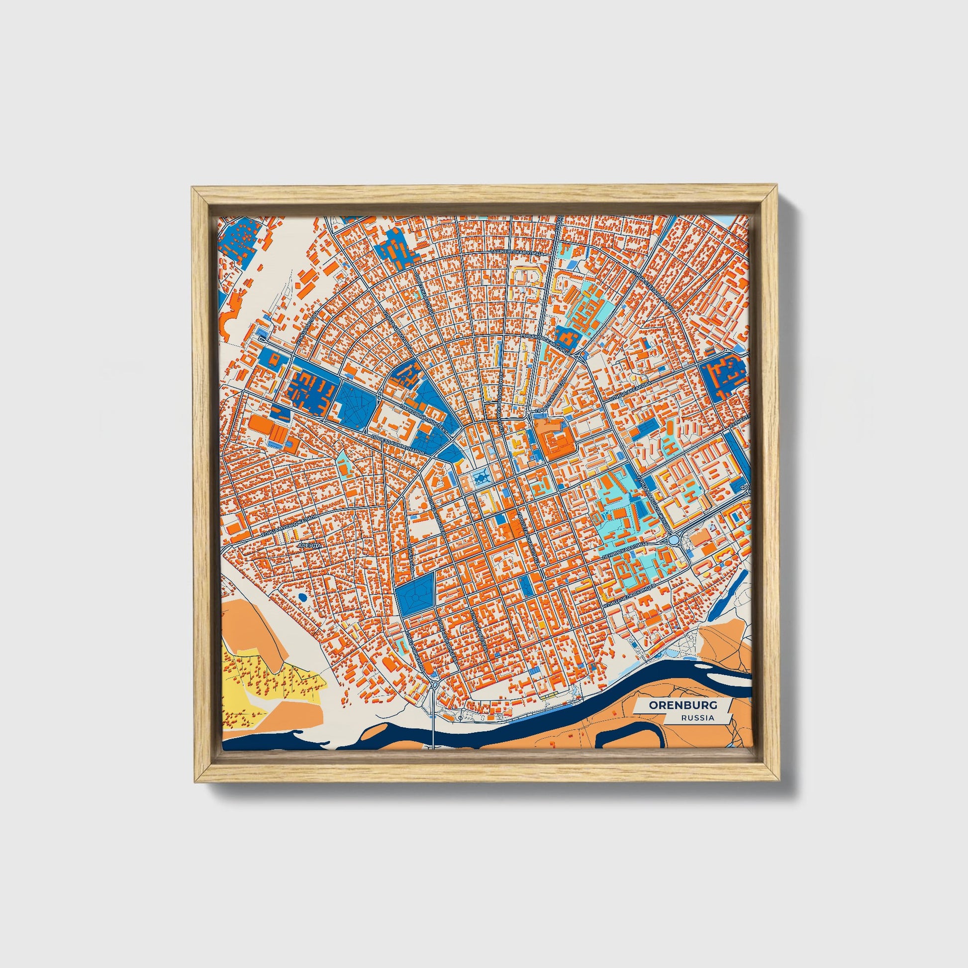 Orenburg Russia Colorful City Map Canvas Print • Natural Wooden Framed