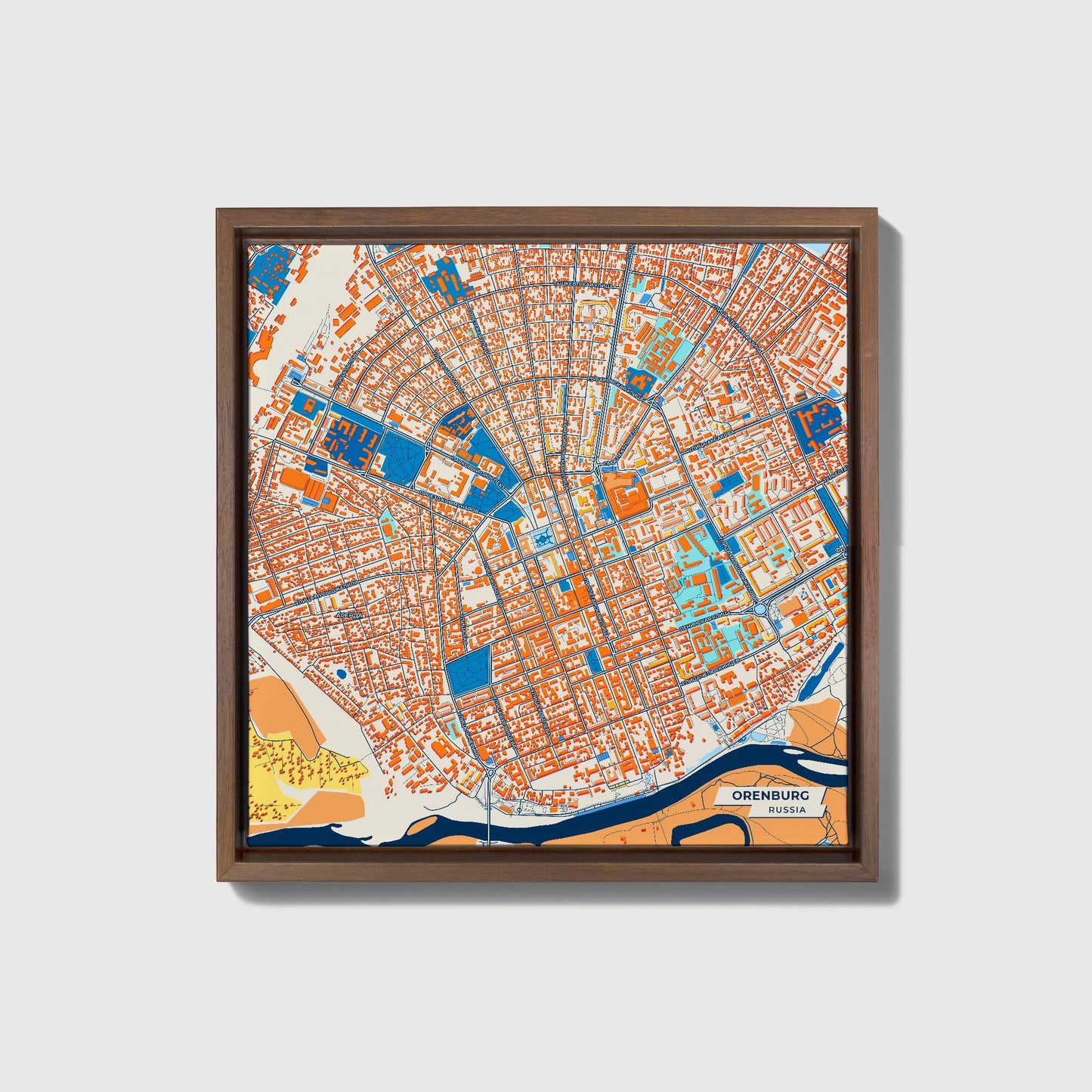 Orenburg Russia Colorful City Map Canvas Print • Dark Wooden Framed