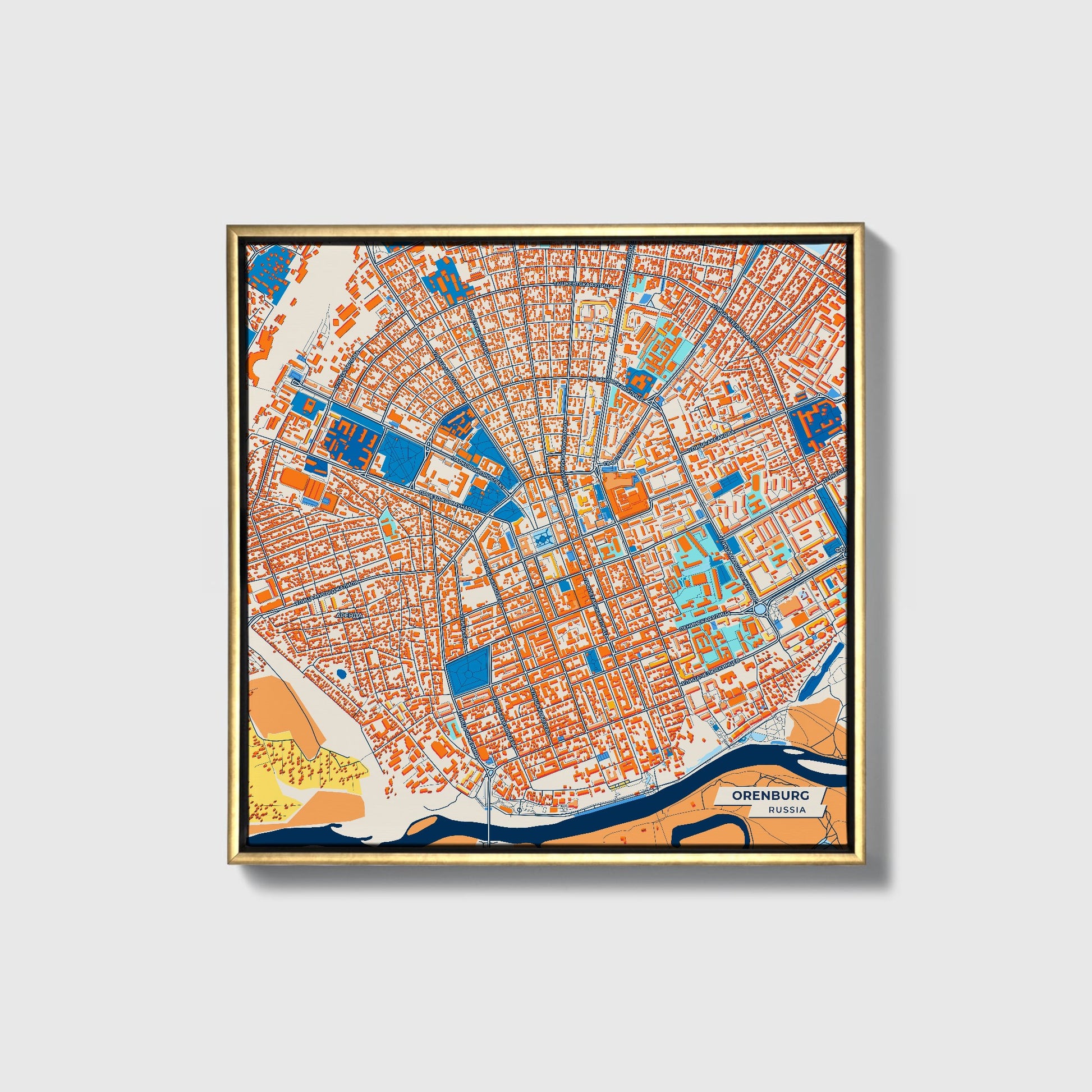 Orenburg Russia Colorful City Map Canvas Print • Gold Framed