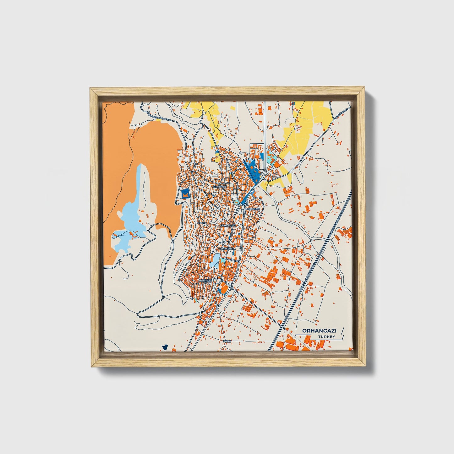 Orhangazi̇ Turkey Colorful City Map Canvas Print • Natural Wooden Framed