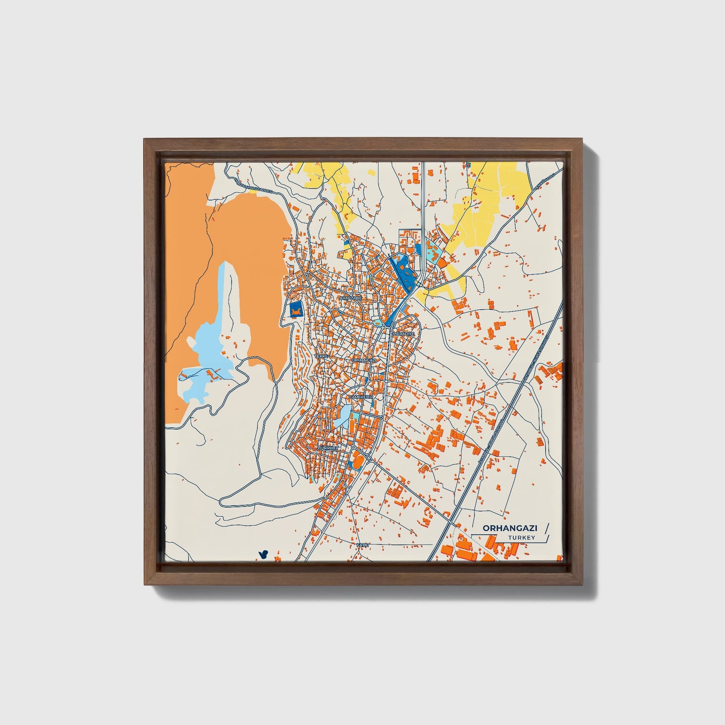 Orhangazi̇ Turkey Colorful City Map Canvas Print • Dark Wooden Framed