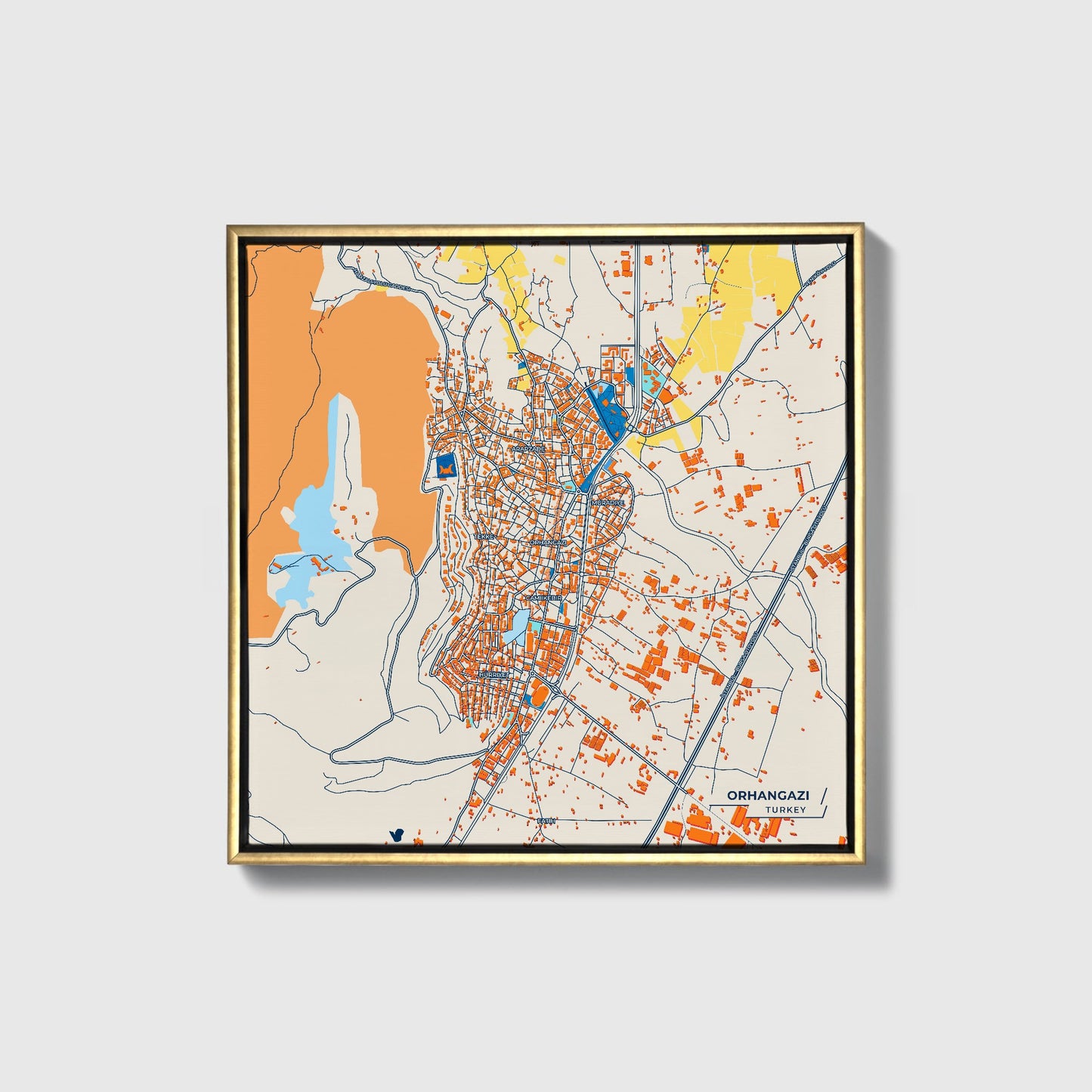Orhangazi̇ Turkey Colorful City Map Canvas Print • Gold Framed