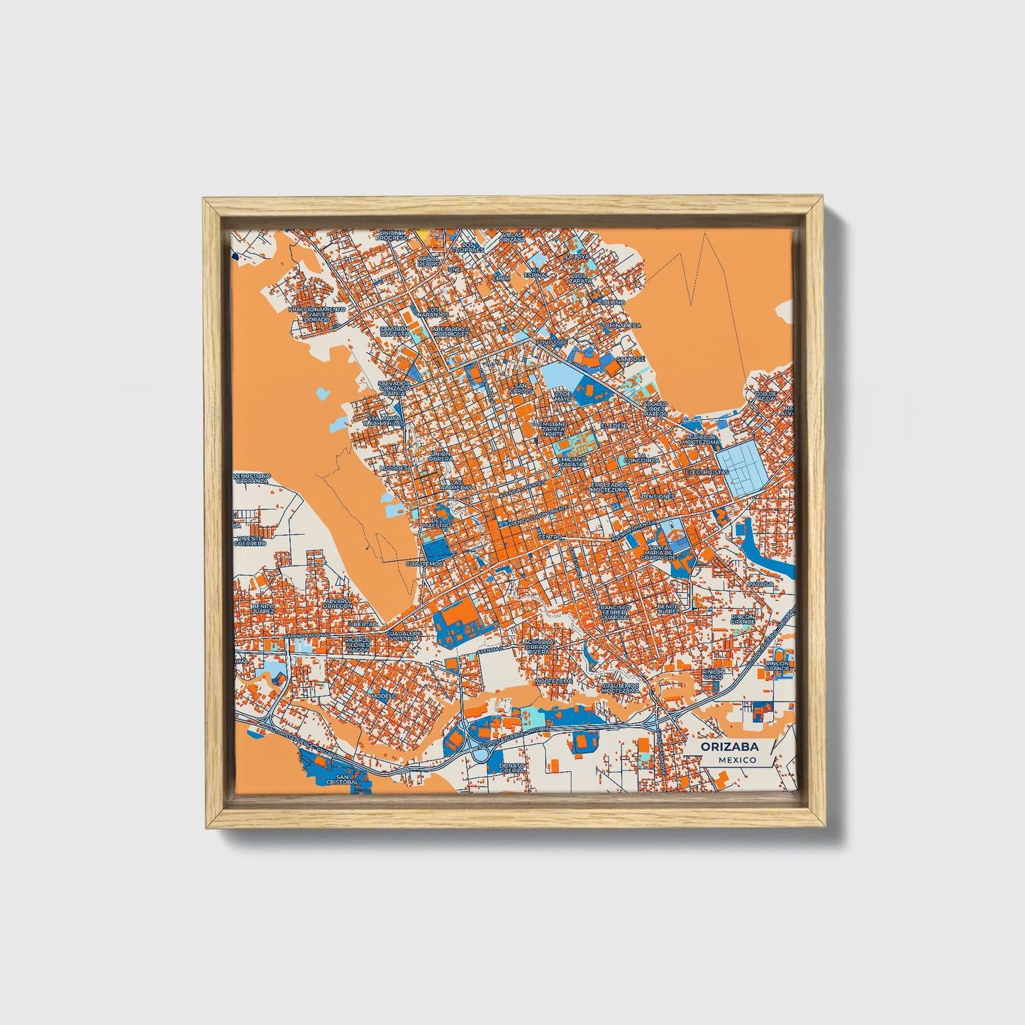Orizaba Mexico Colorful City Map Canvas Print • Natural Wooden Framed