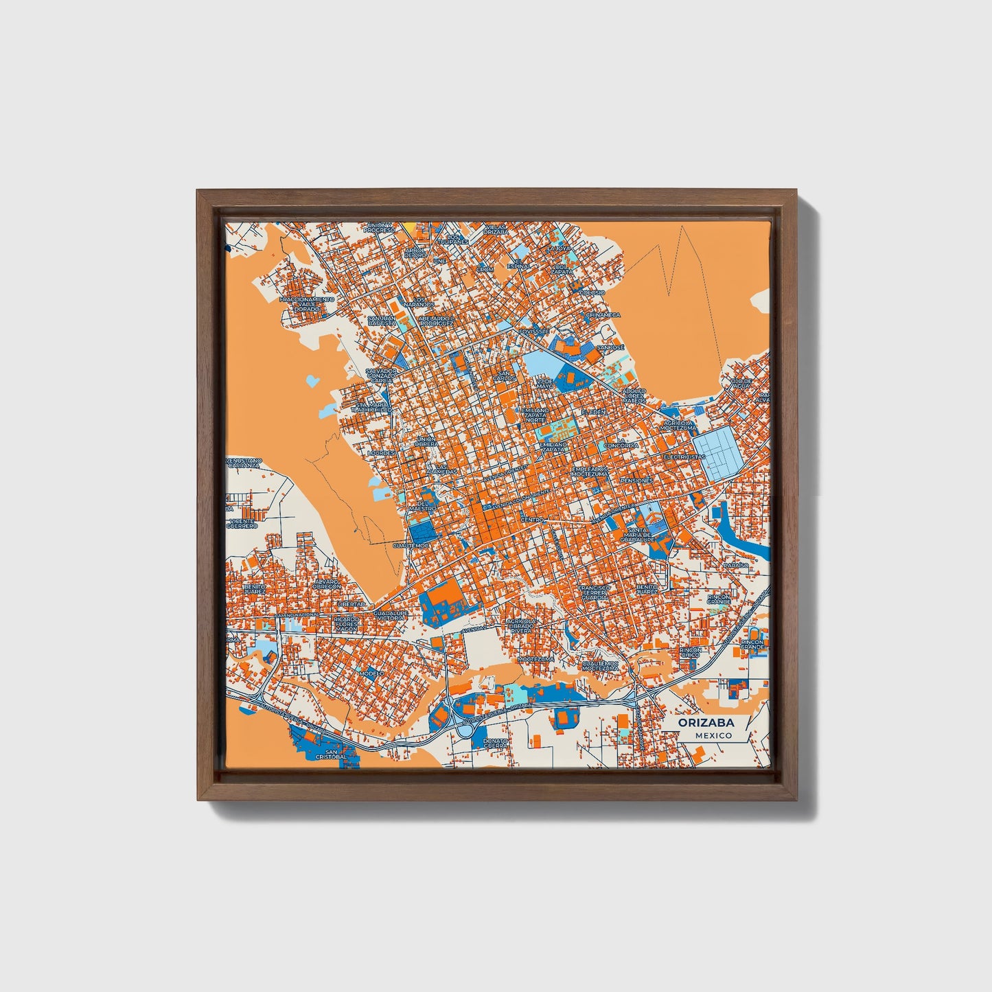Orizaba Mexico Colorful City Map Canvas Print • Dark Wooden Framed
