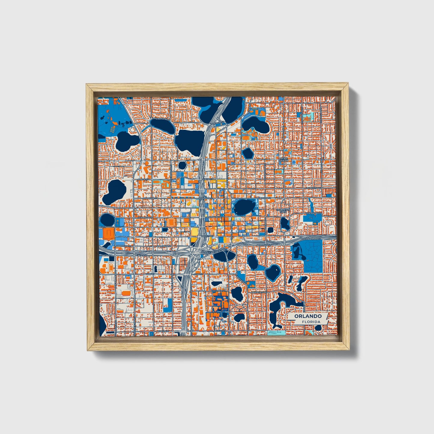 Orlando Florida Colorful City Map Canvas Print • Natural Wooden Framed