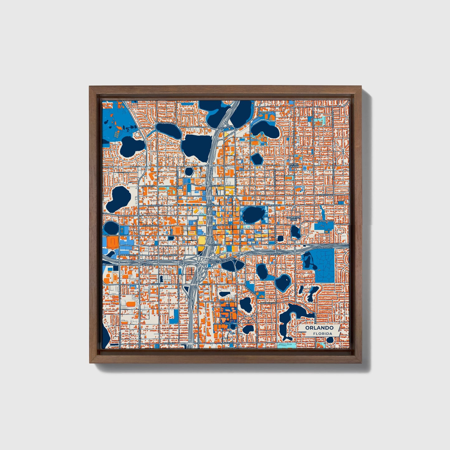Orlando Florida Colorful City Map Canvas Print • Dark Wooden Framed