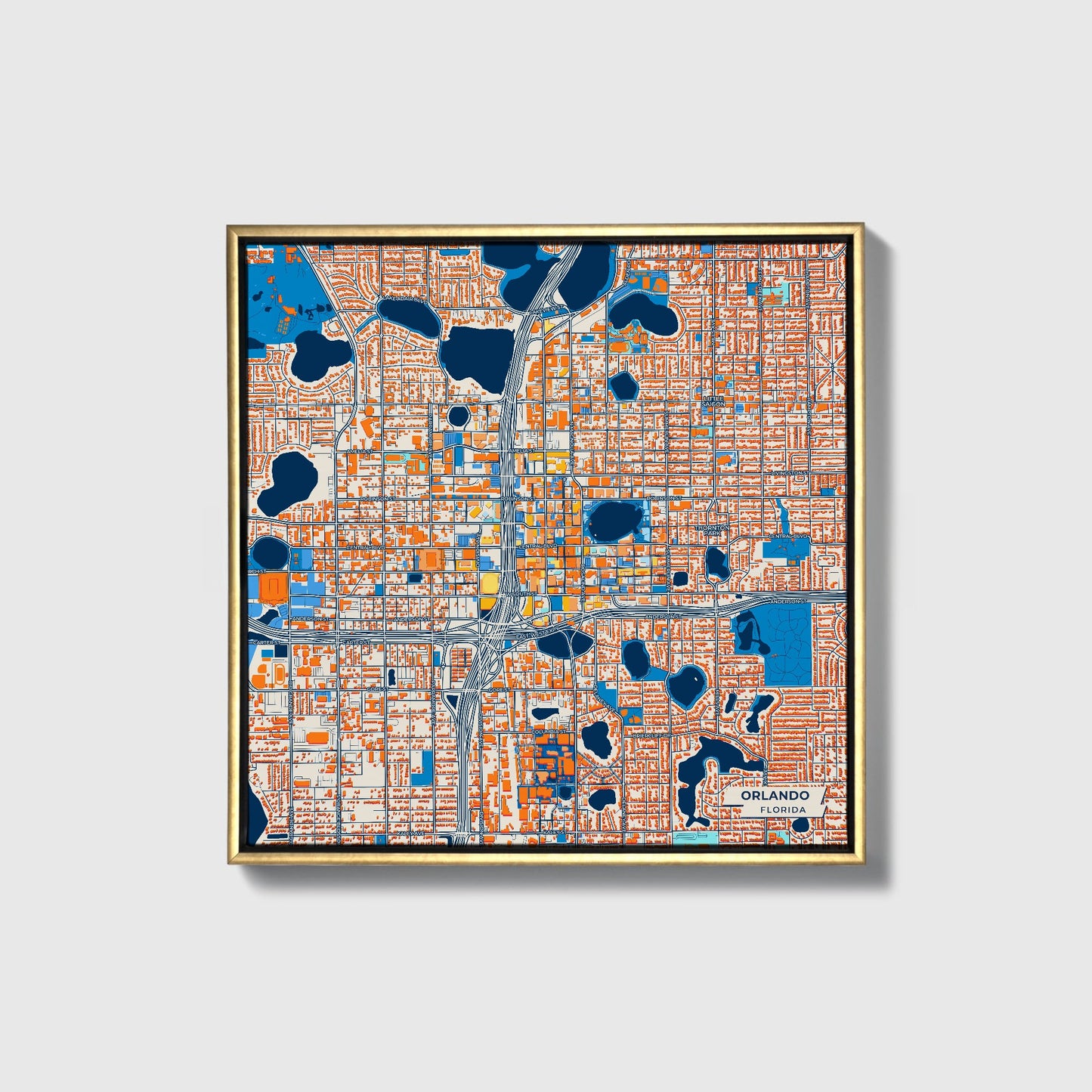 Orlando Florida Colorful City Map Canvas Print • Gold Framed