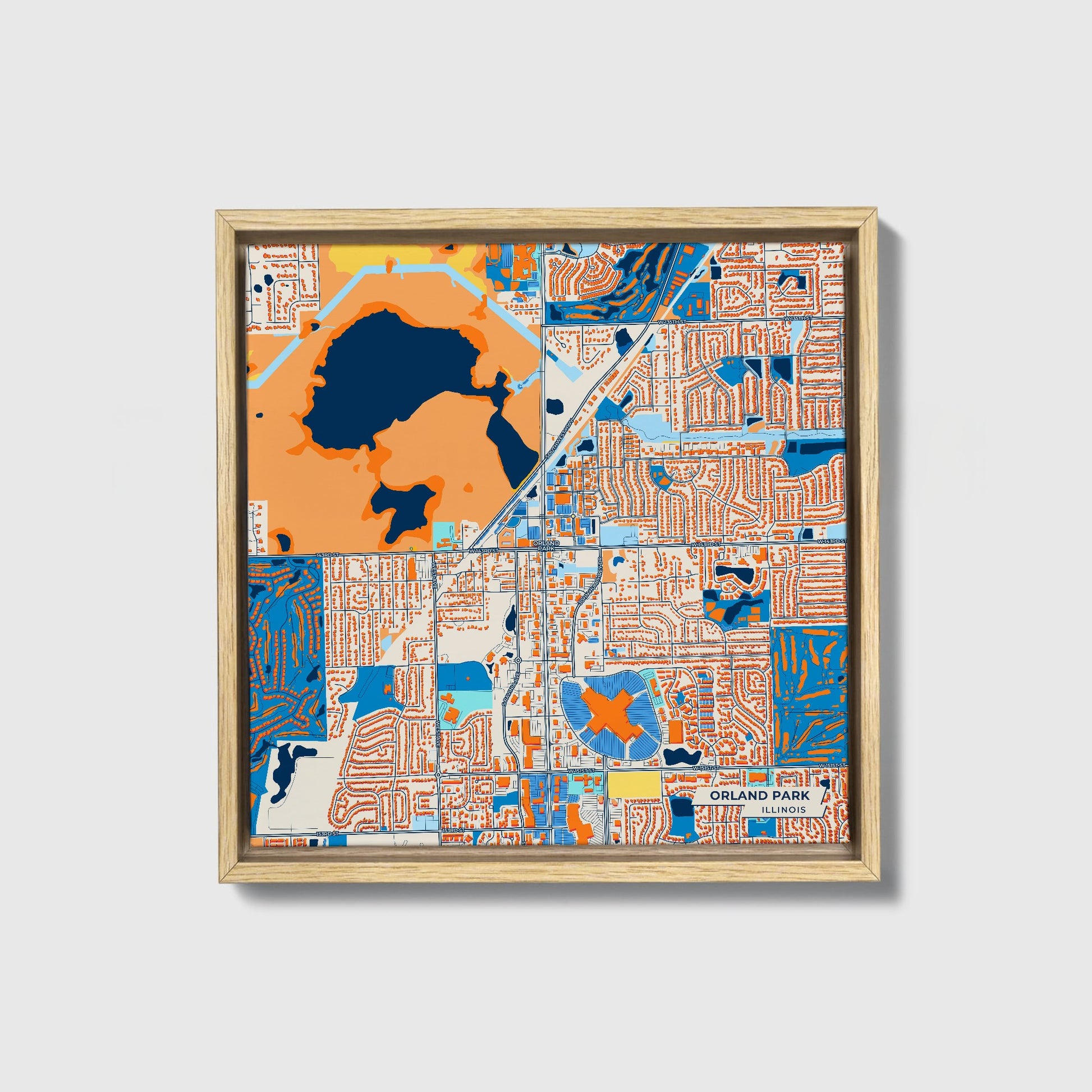 Orland Park Illinois Colorful City Map Canvas Print • Natural Wooden Framed