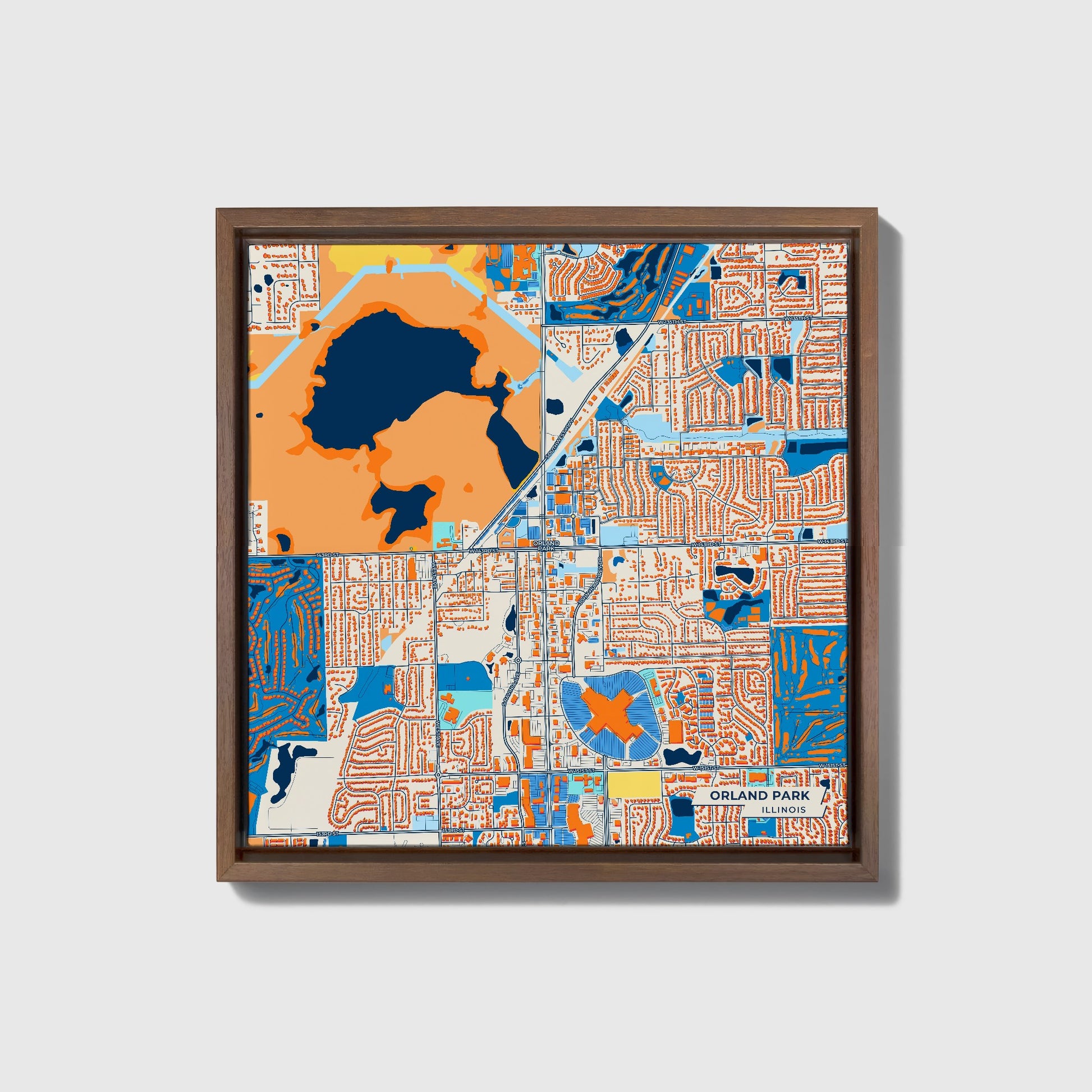 Orland Park Illinois Colorful City Map Canvas Print • Dark Wooden Framed