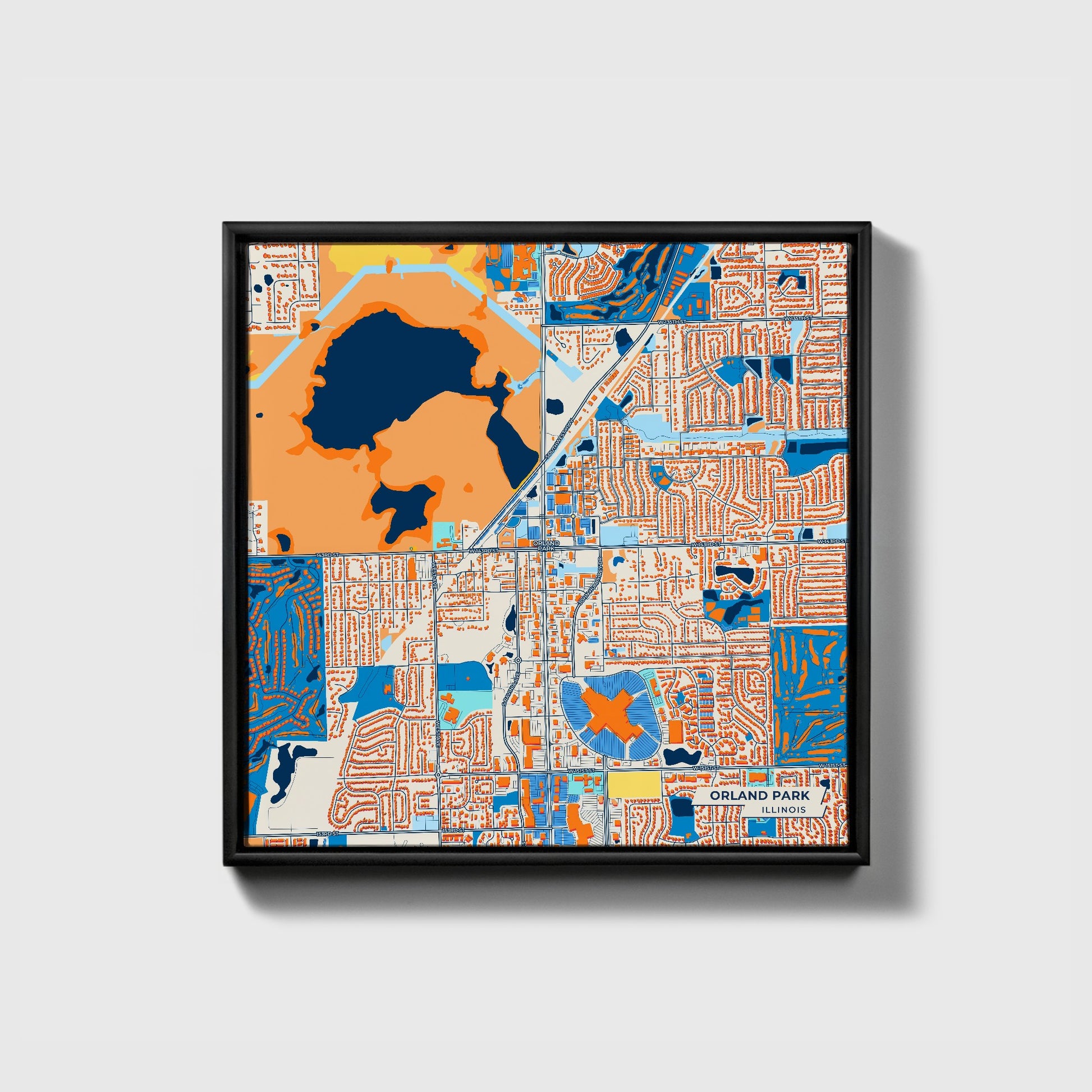 Orland Park Illinois Colorful City Map Canvas Print • Black Framed