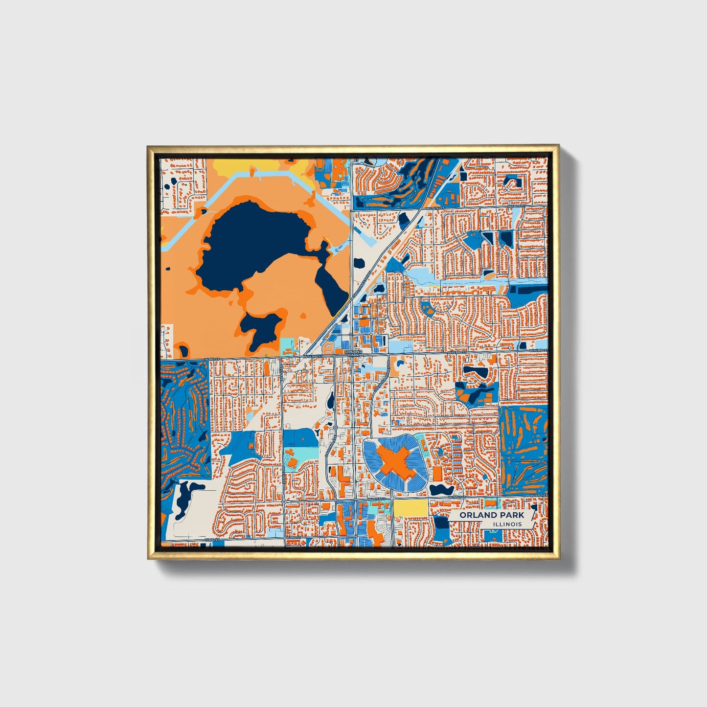 Orland Park Illinois Colorful City Map Canvas Print • Gold Framed