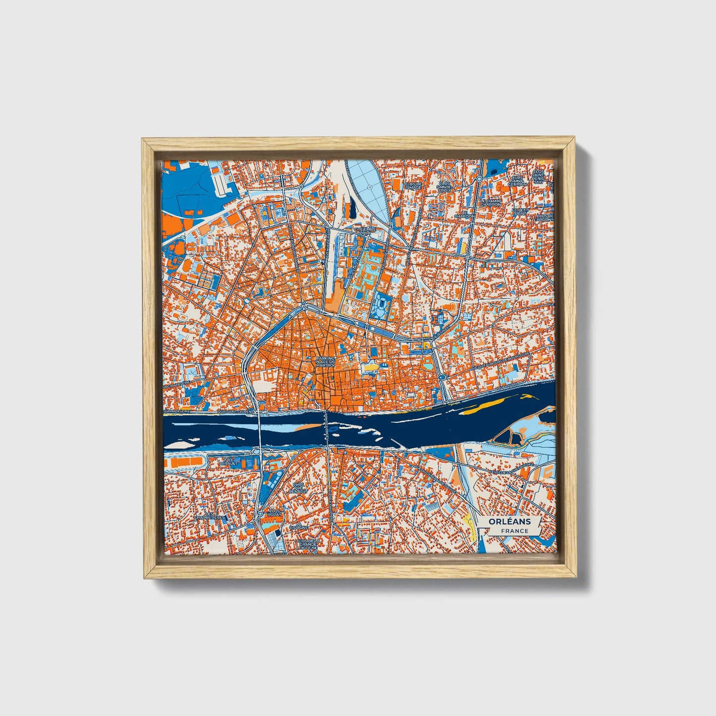Orléans France Colorful City Map Canvas Print • Natural Wooden Framed