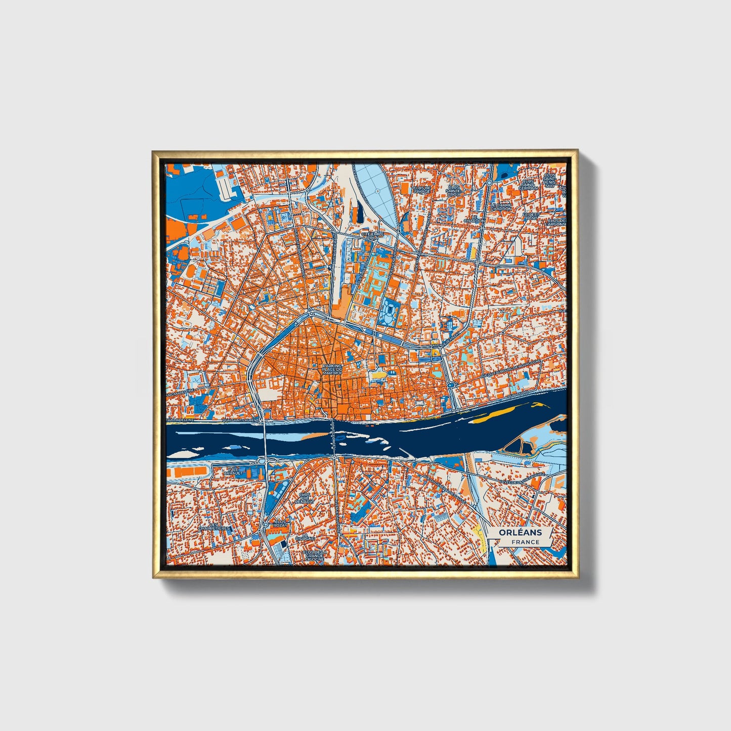Orléans France Colorful City Map Canvas Print • Gold Framed
