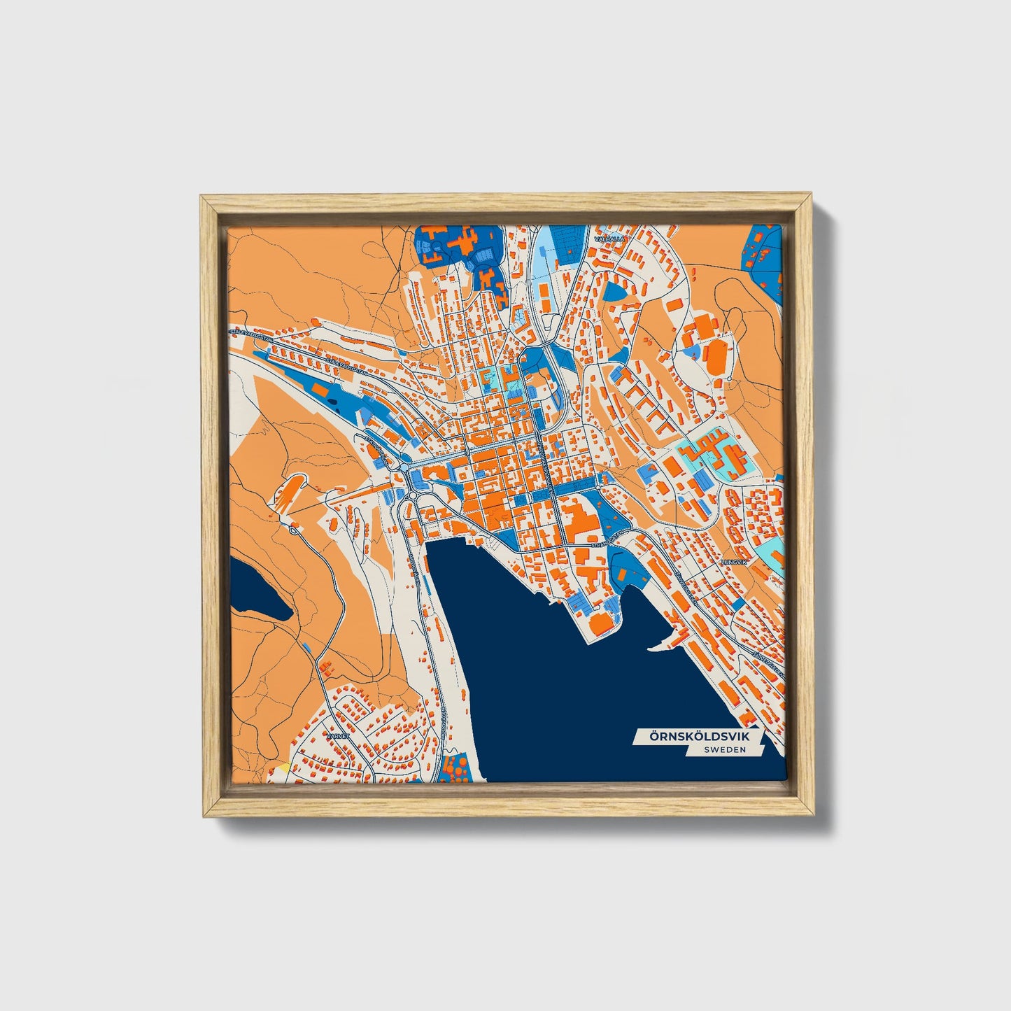 Örnsköldsvik Sweden Colorful City Map Canvas Print • Natural Wooden Framed