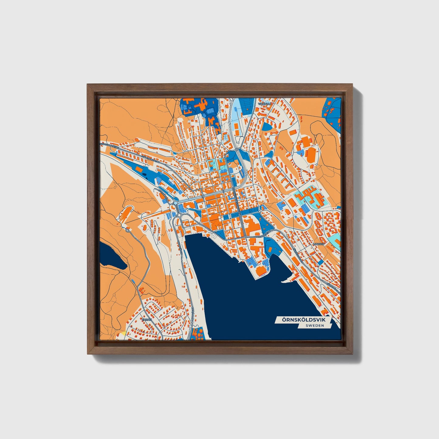 Örnsköldsvik Sweden Colorful City Map Canvas Print • Dark Wooden Framed