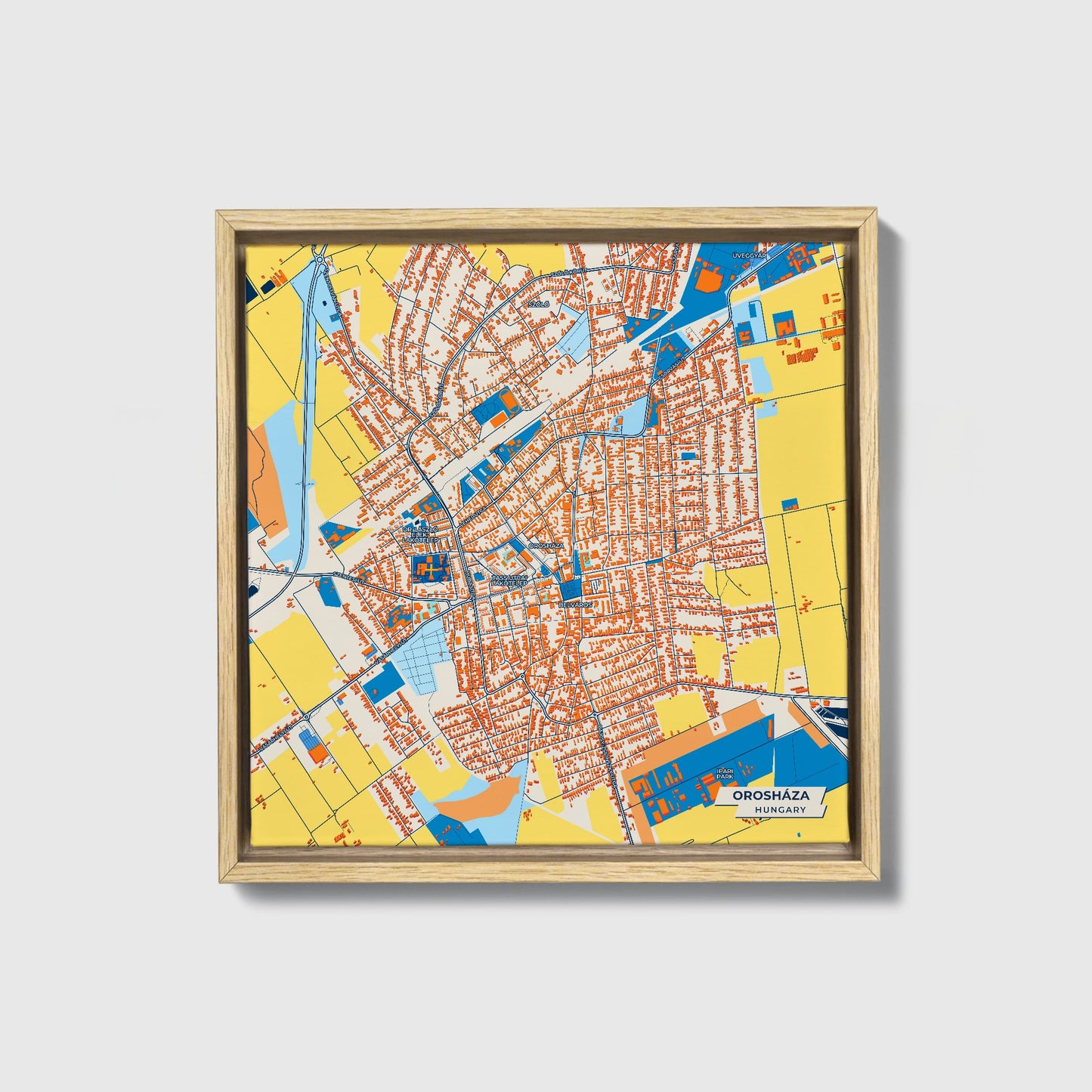 Orosháza Hungary Colorful City Map Canvas Print • Natural Wooden Framed