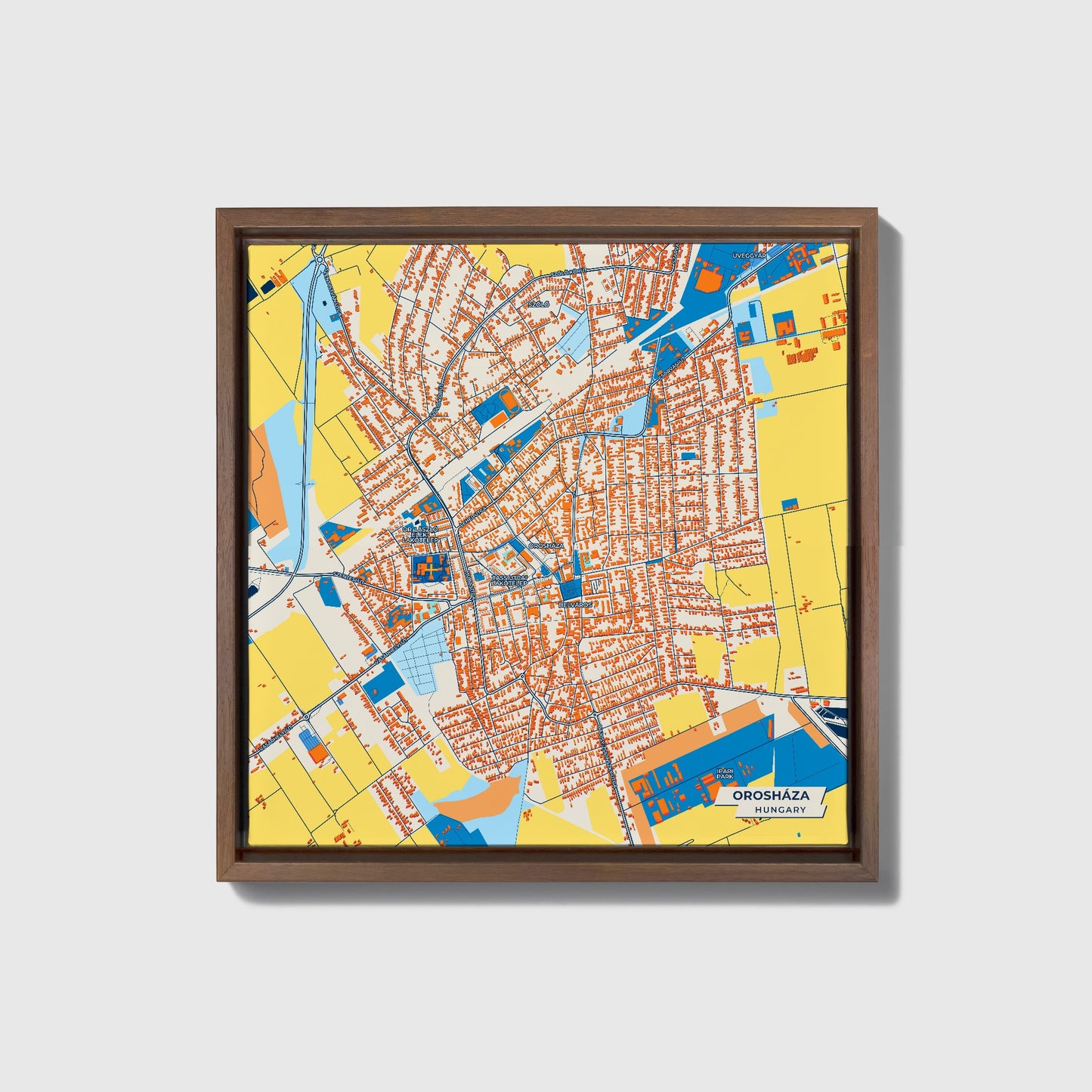 Orosháza Hungary Colorful City Map Canvas Print • Dark Wooden Framed