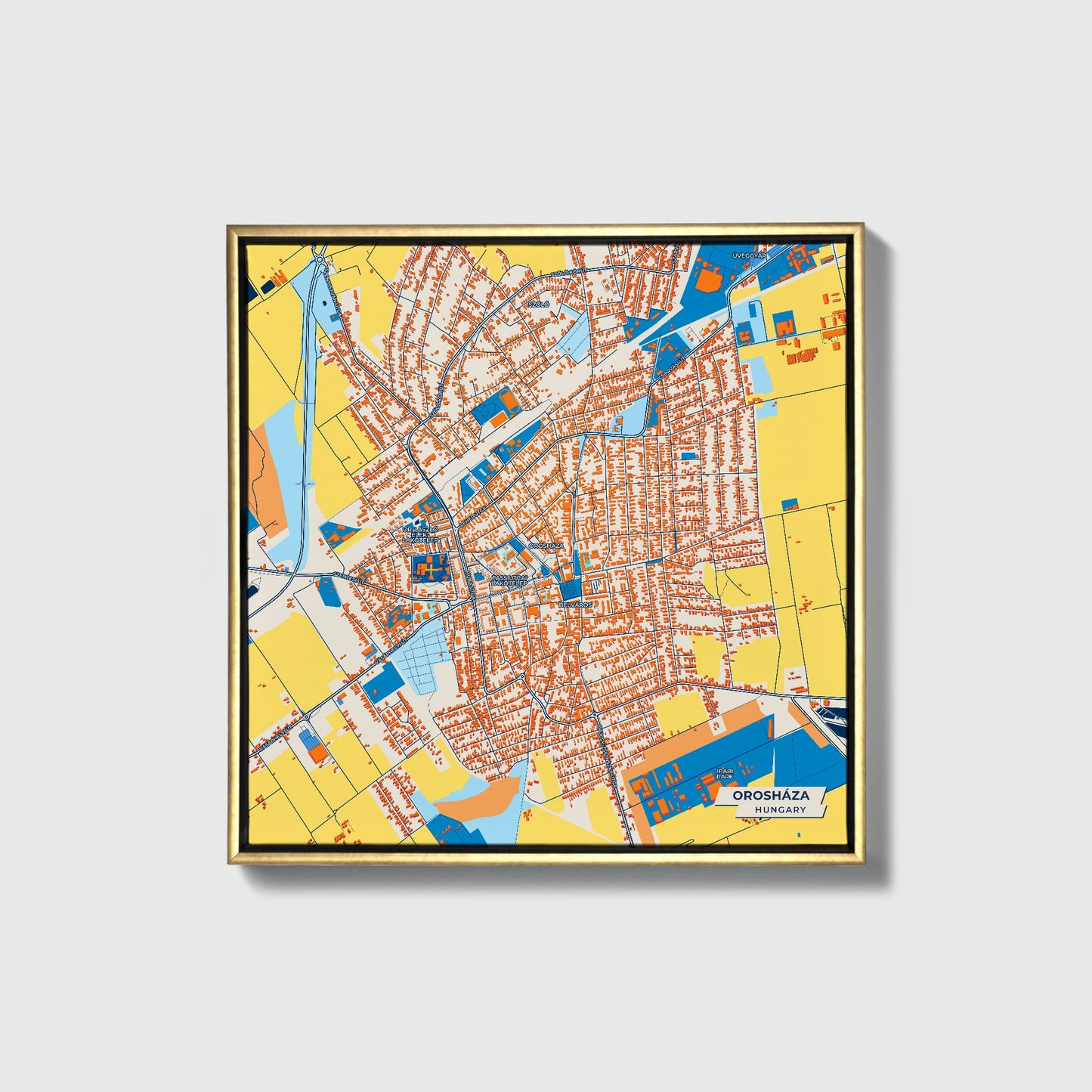 Orosháza Hungary Colorful City Map Canvas Print • Gold Framed