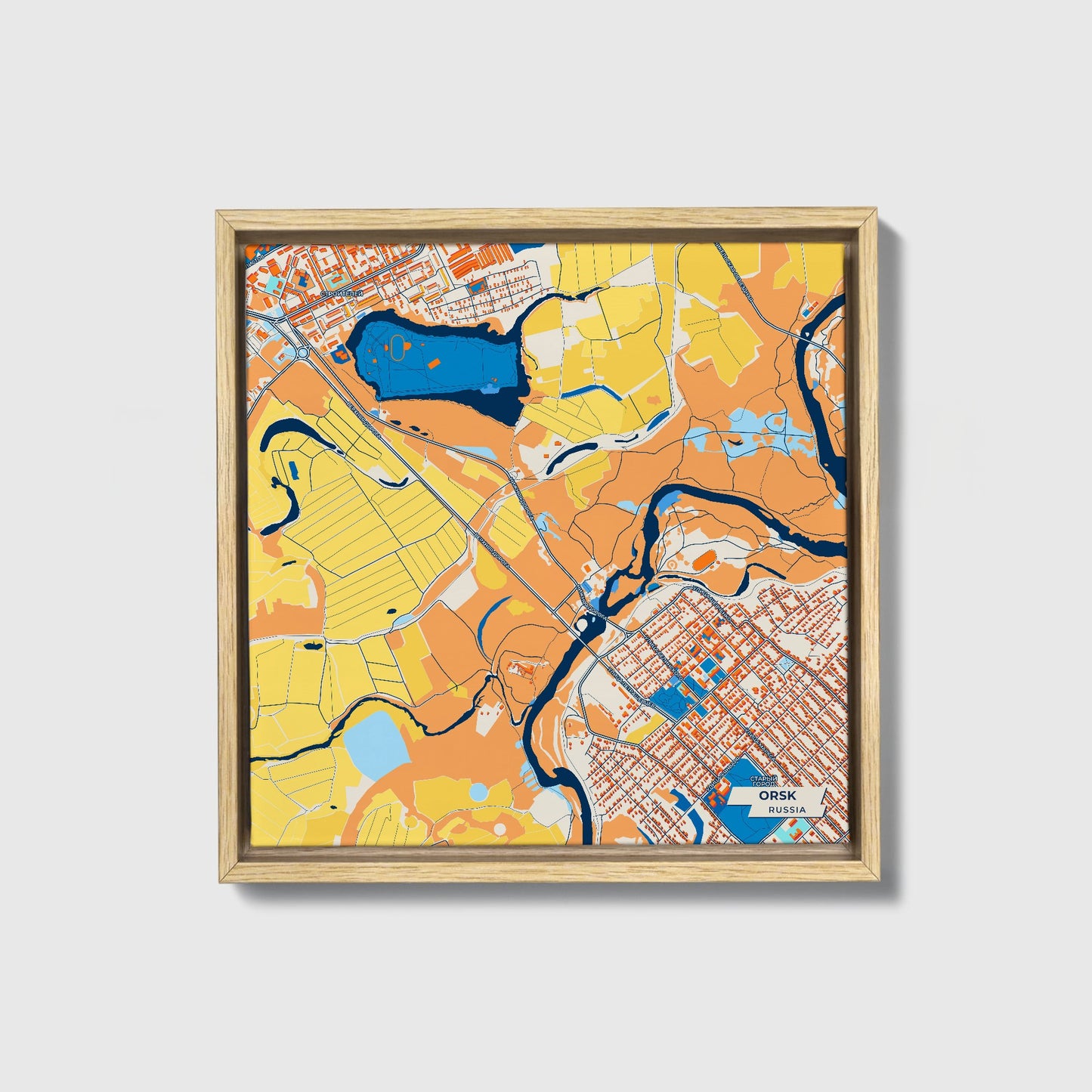 Орск Russia Colorful City Map Canvas Print • Natural Wooden Framed