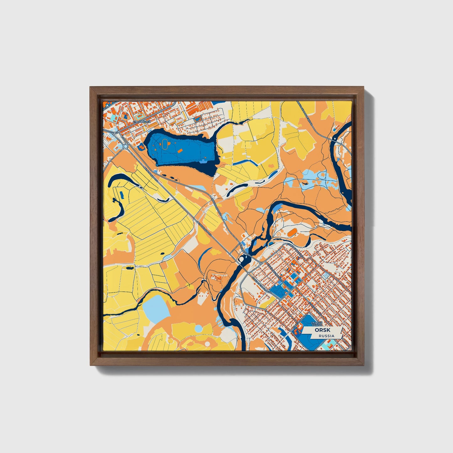 Орск Russia Colorful City Map Canvas Print • Dark Wooden Framed