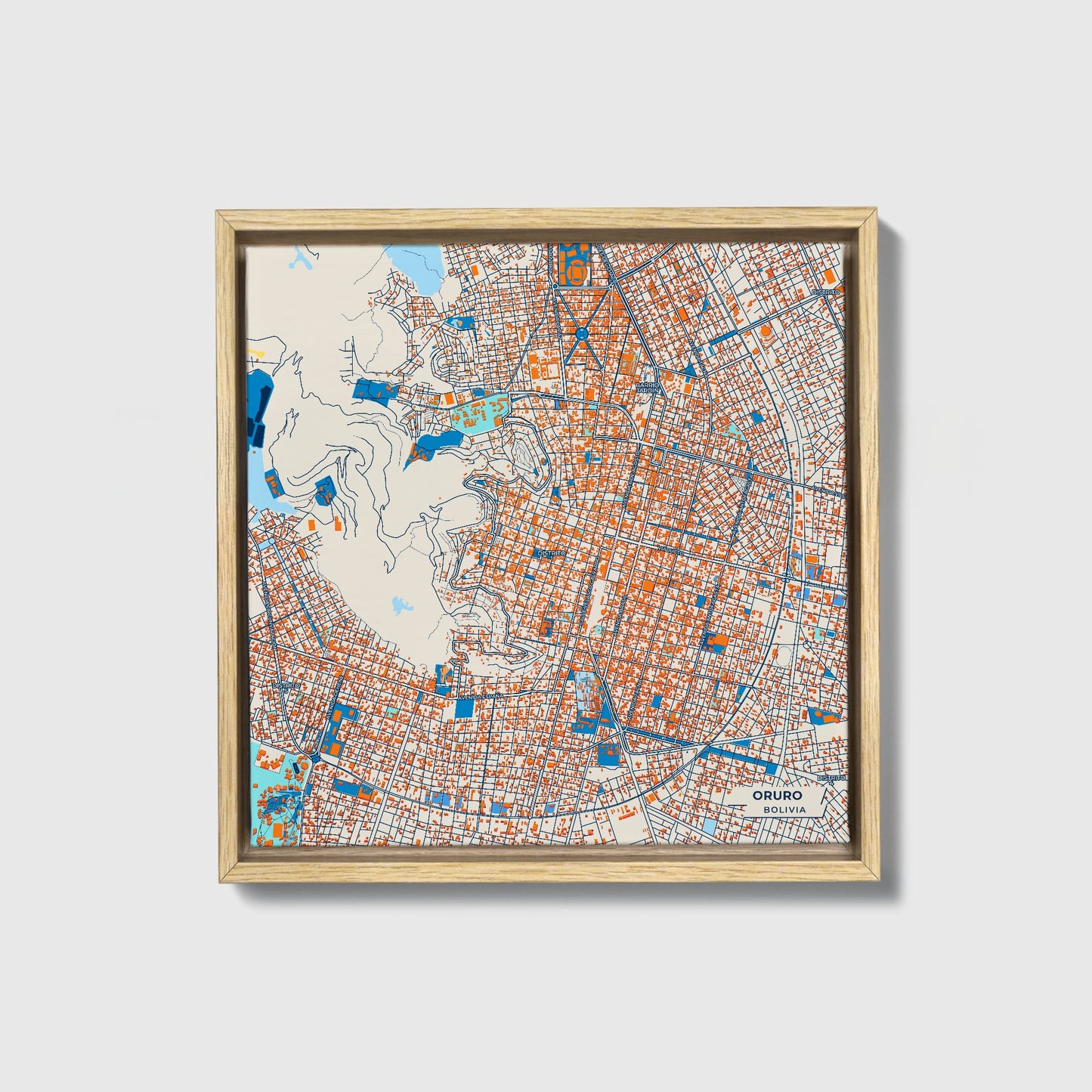 Oruro Bolivia Colorful City Map Canvas Print • Natural Wooden Framed
