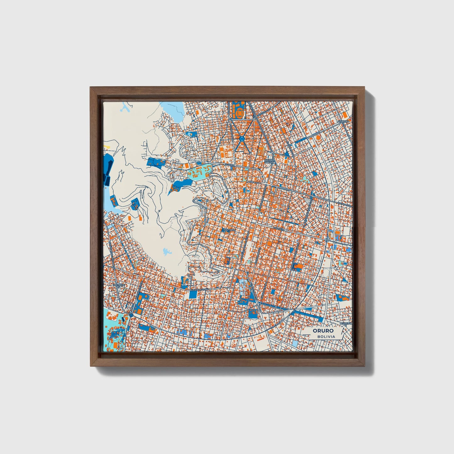 Oruro Bolivia Colorful City Map Canvas Print • Dark Wooden Framed