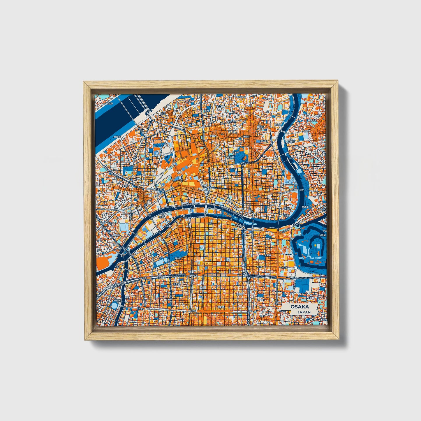 Osaka Japan Colorful City Map Canvas Print • Natural Wooden Framed
