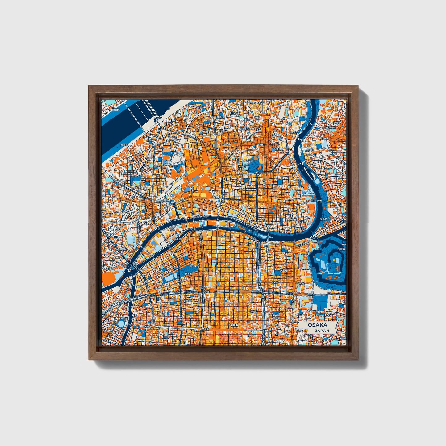 Osaka Japan Colorful City Map Canvas Print • Dark Wooden Framed