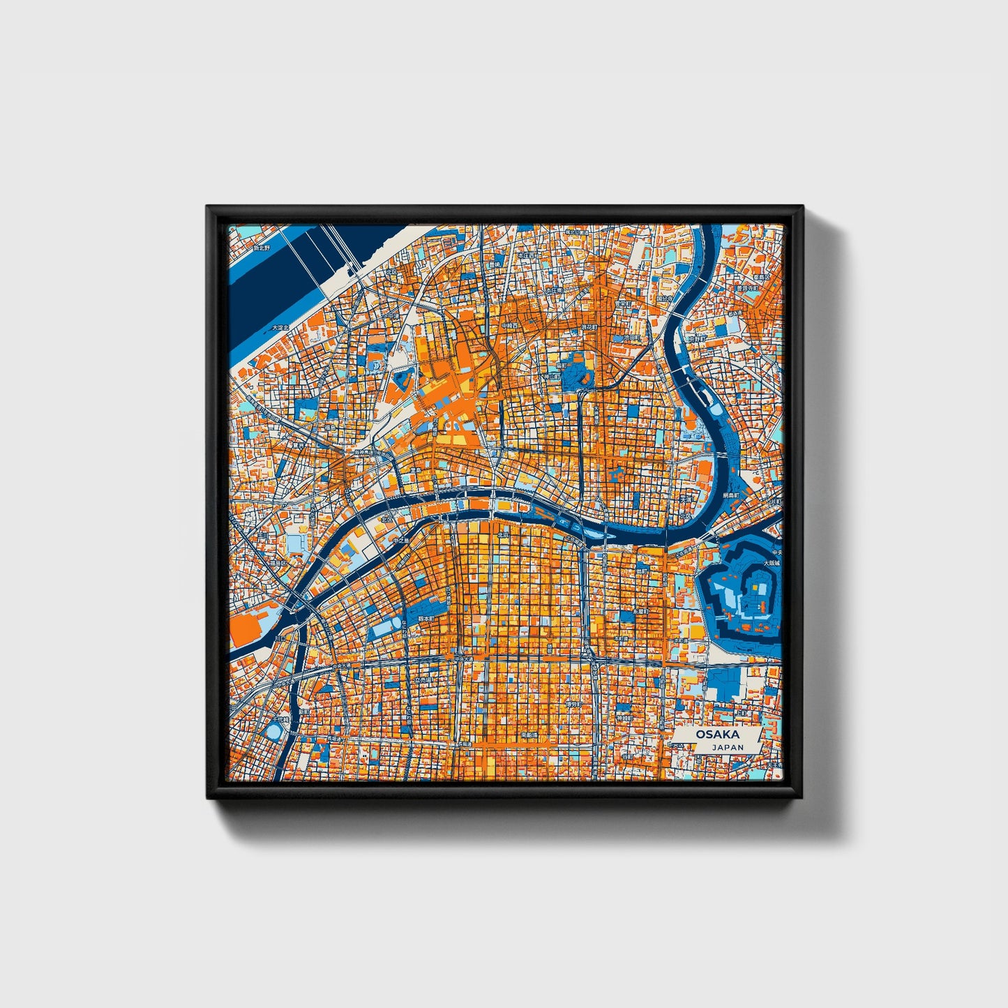 Osaka Japan Colorful City Map Canvas Print • Black Framed