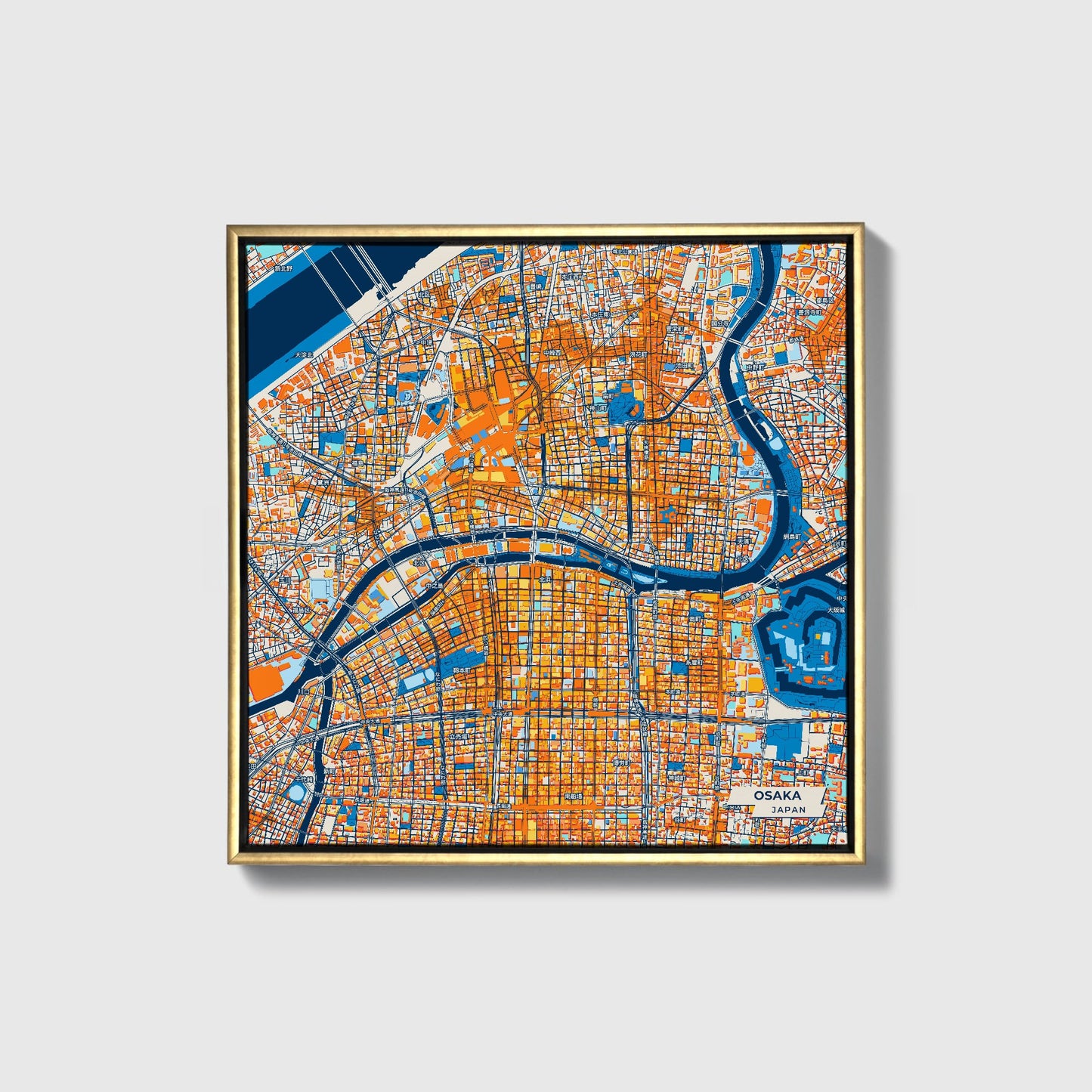 Osaka Japan Colorful City Map Canvas Print • Gold Framed