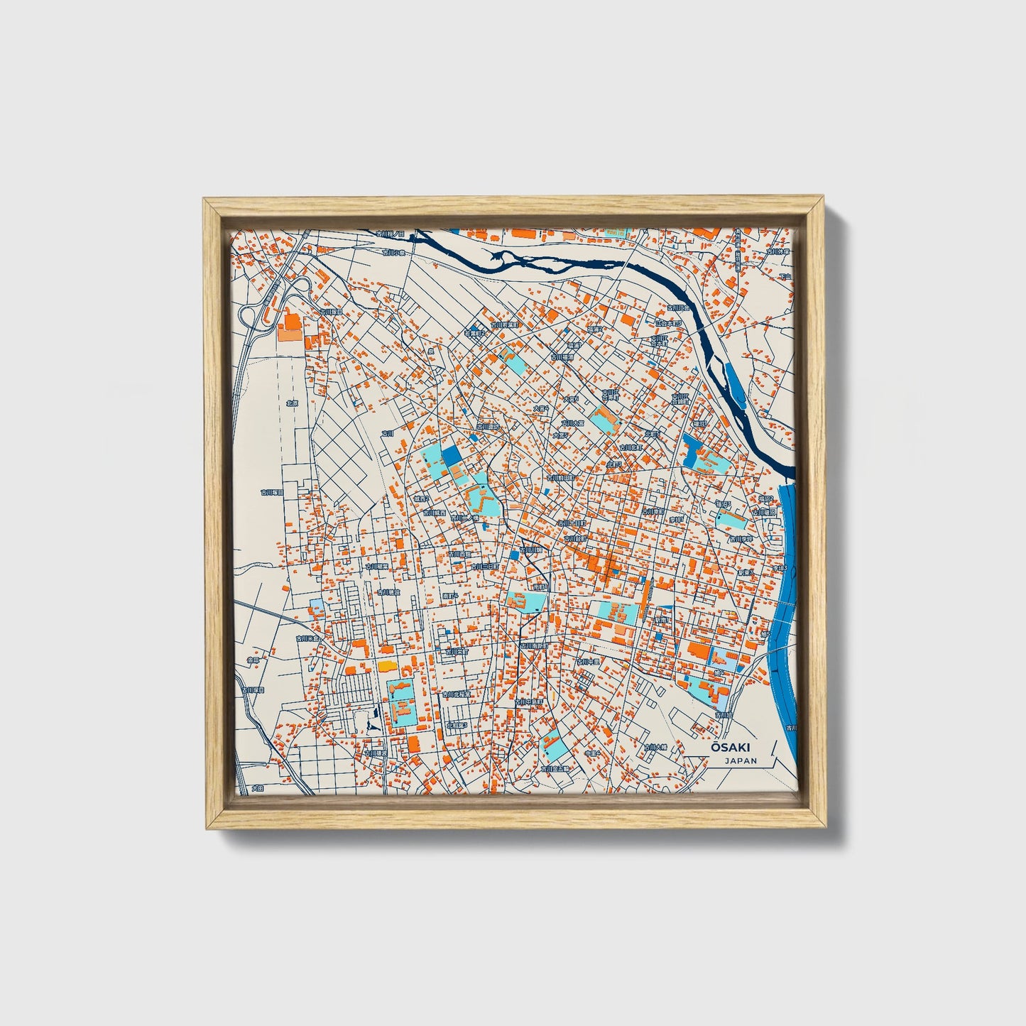 Ōsaki Japan Colorful City Map Canvas Print • Natural Wooden Framed