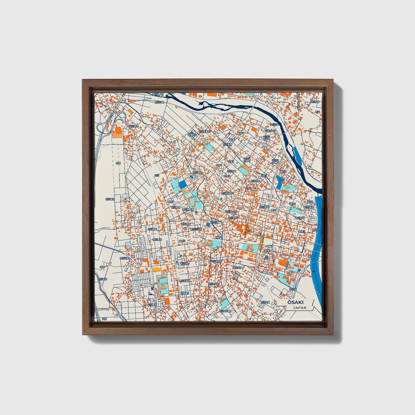 Ōsaki Japan Colorful City Map Canvas Print • Dark Wooden Framed