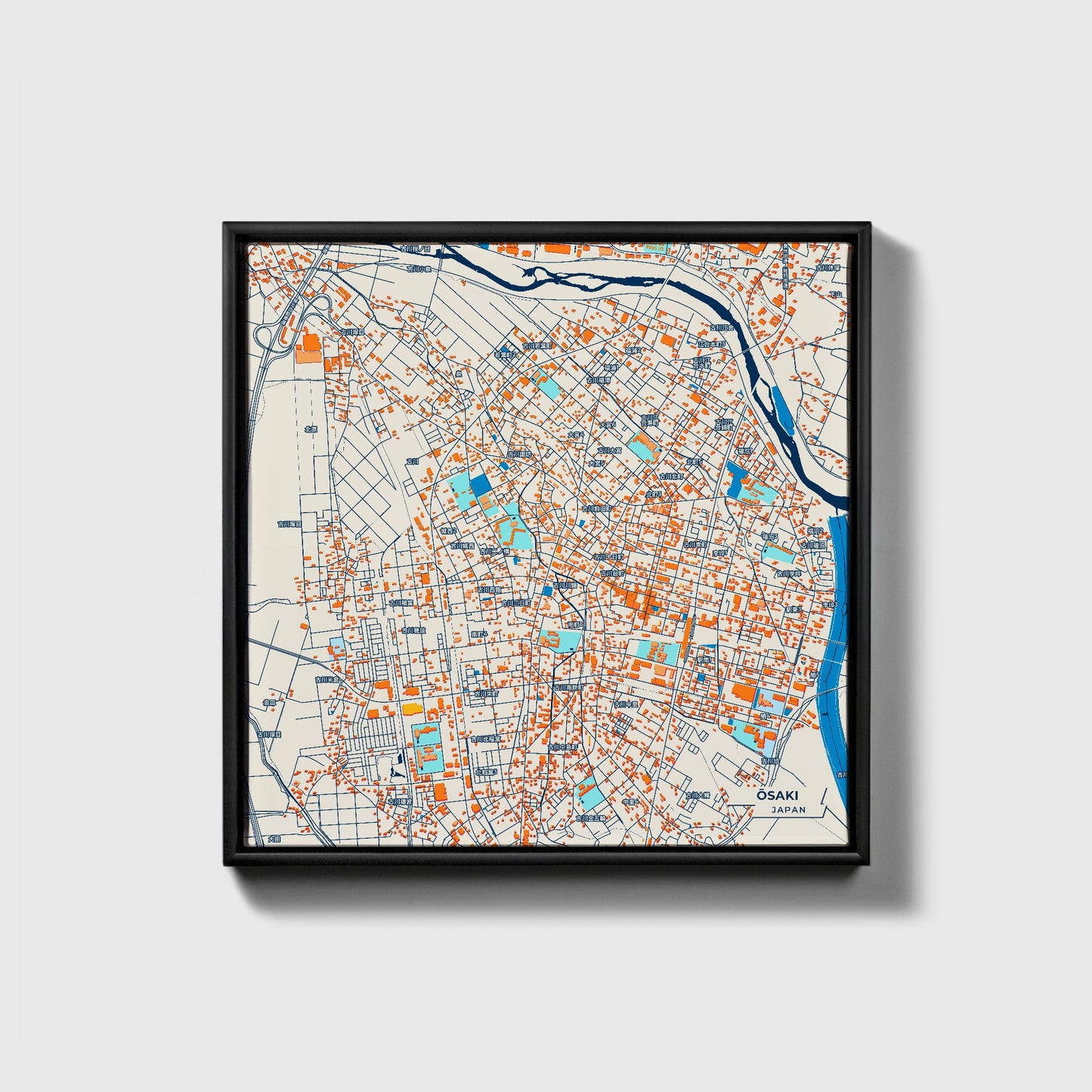 Ōsaki Japan Colorful City Map Canvas Print • Black Framed