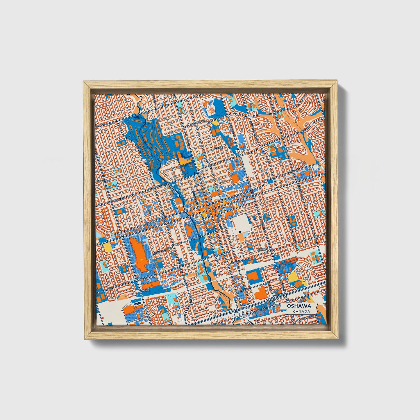 Oshawa Canada Colorful City Map Canvas Print • Natural Wooden Framed
