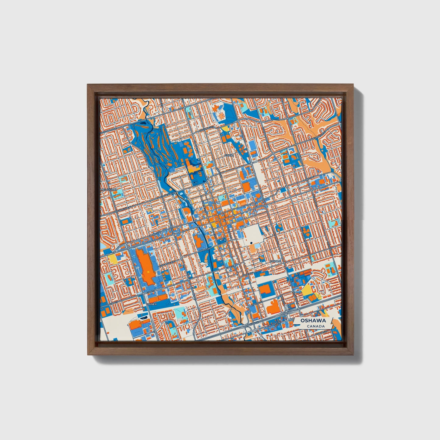 Oshawa Canada Colorful City Map Canvas Print • Dark Wooden Framed
