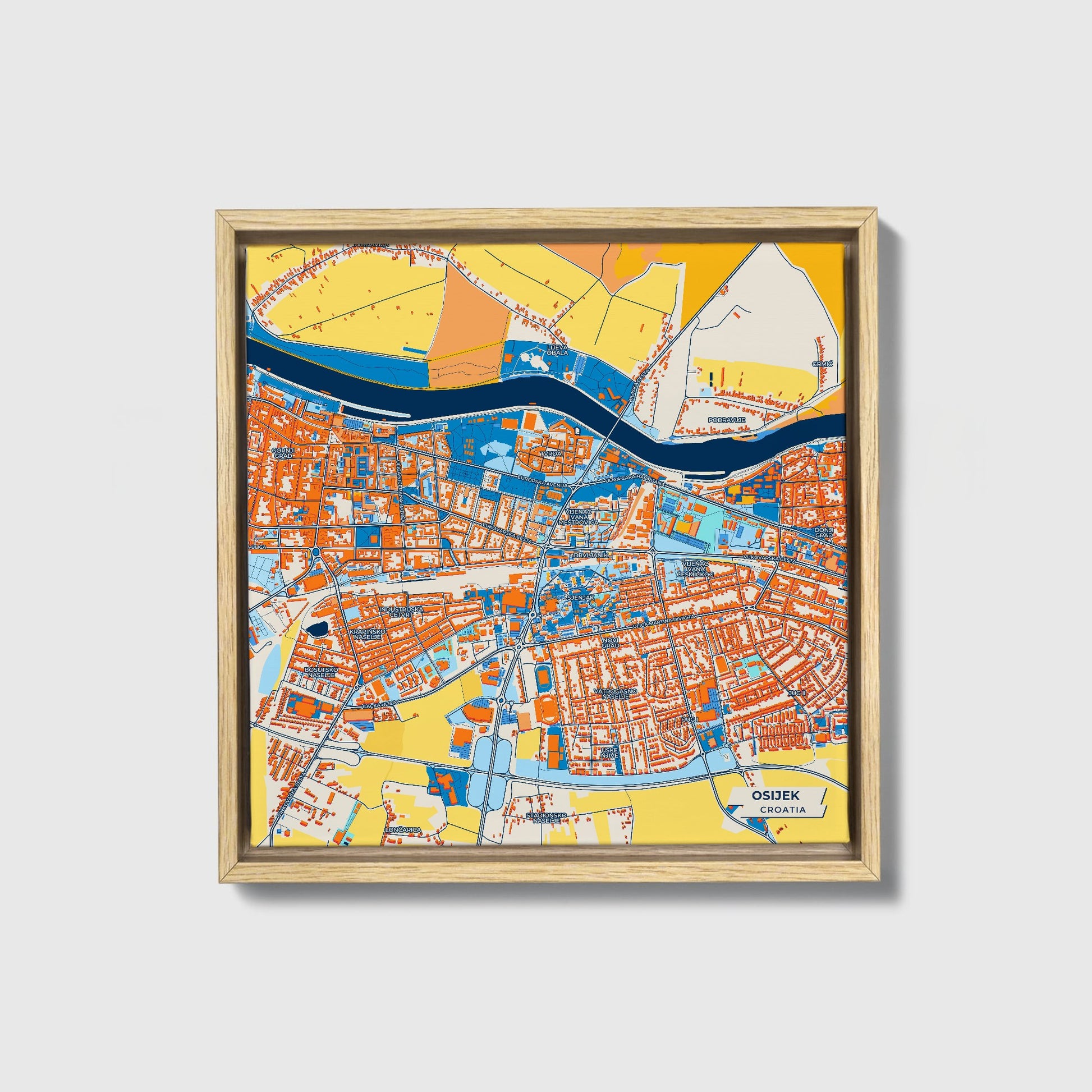 Osijek Croatia Colorful City Map Canvas Print • Natural Wooden Framed