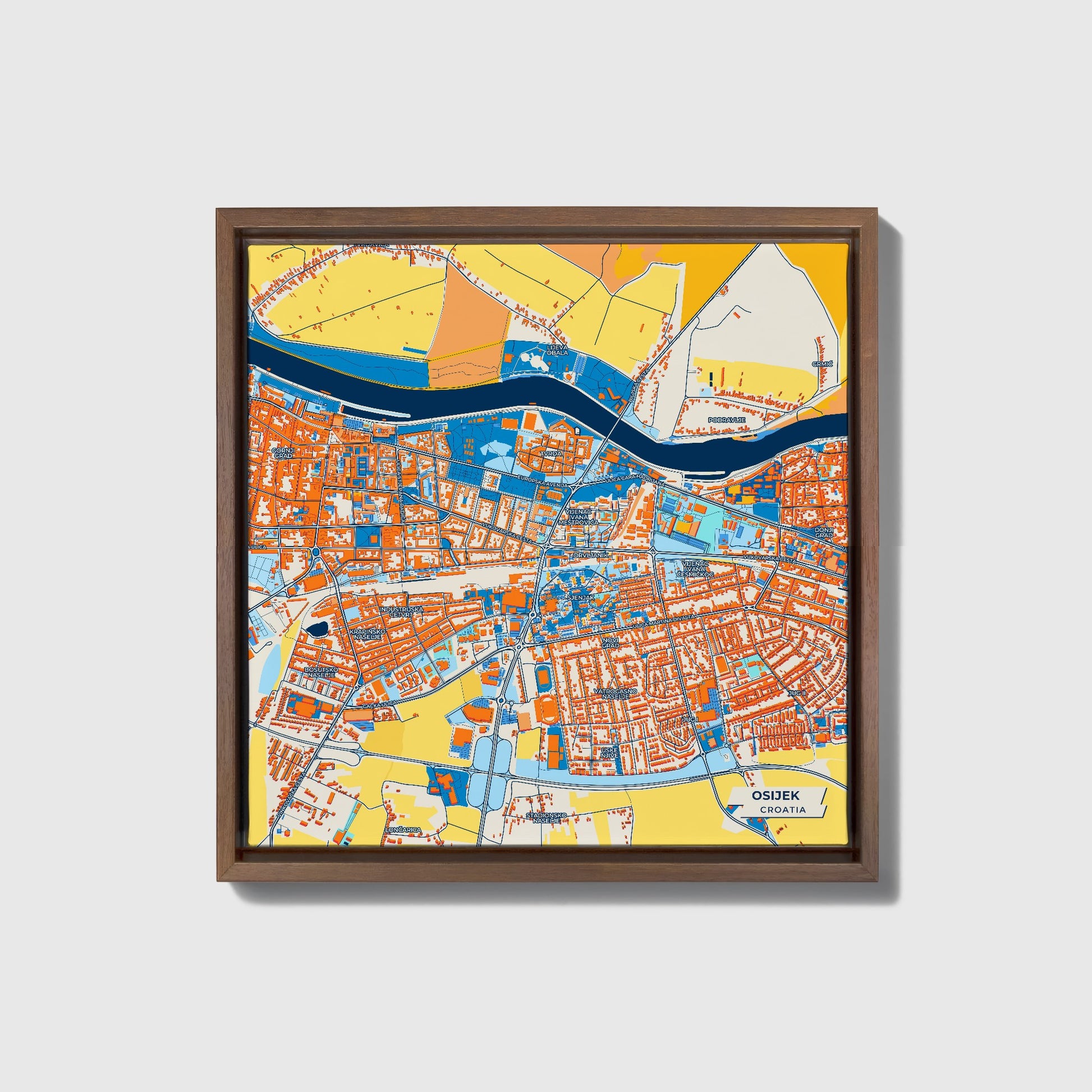 Osijek Croatia Colorful City Map Canvas Print • Dark Wooden Framed