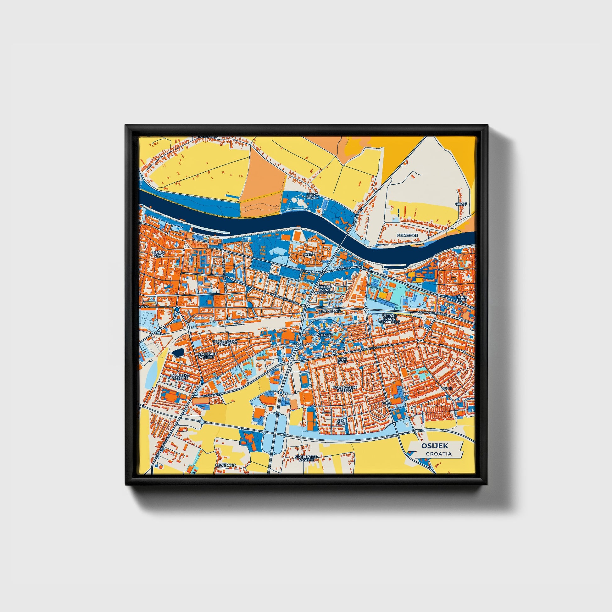 Osijek Croatia Colorful City Map Canvas Print • Black Framed