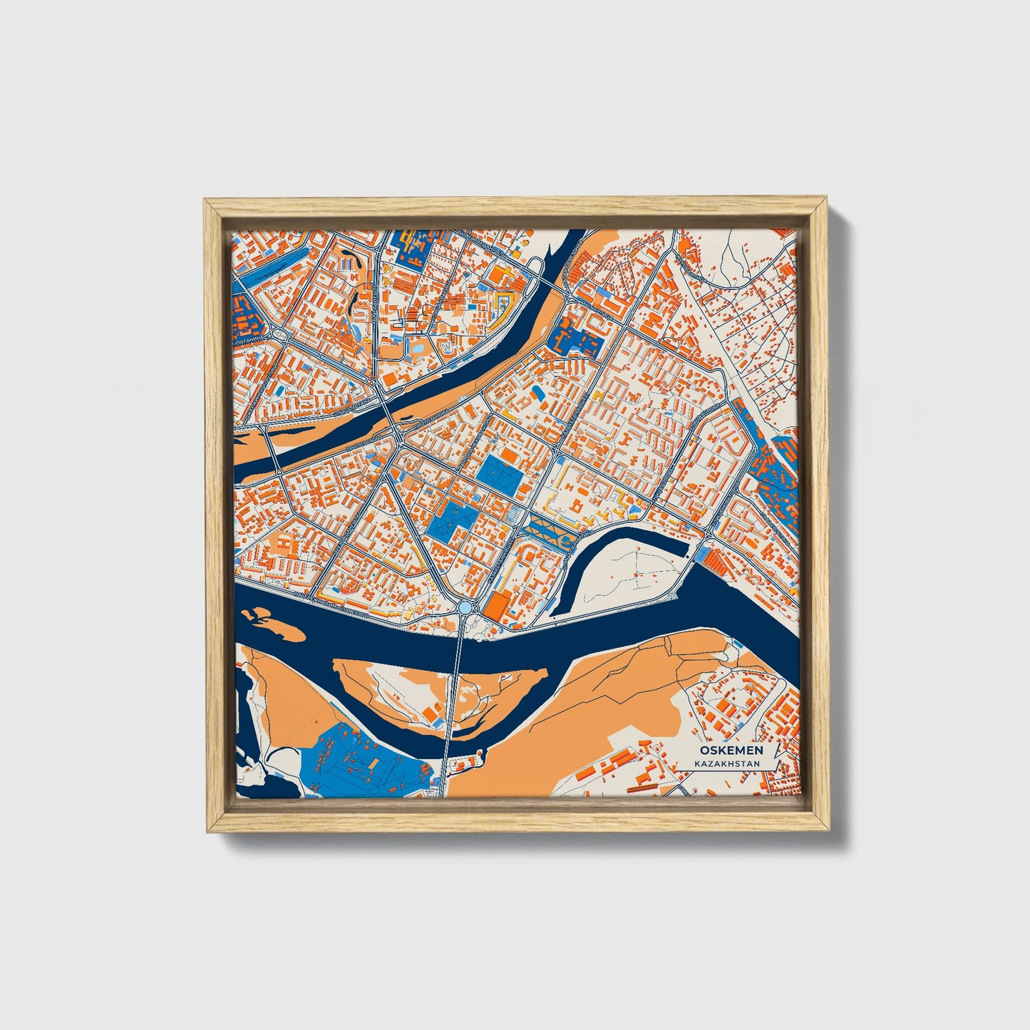 Oskemen Kazakhstan Colorful City Map Canvas Print • Natural Wooden Framed