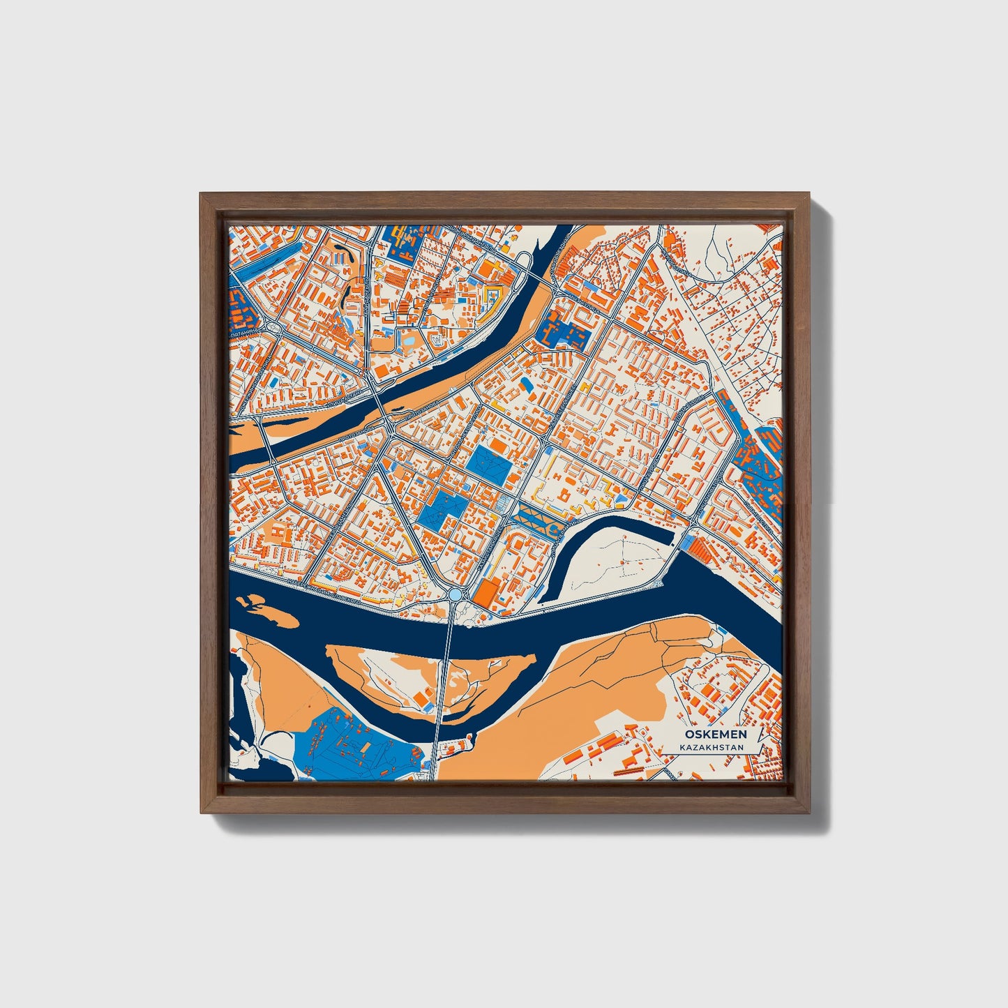 Oskemen Kazakhstan Colorful City Map Canvas Print • Dark Wooden Framed