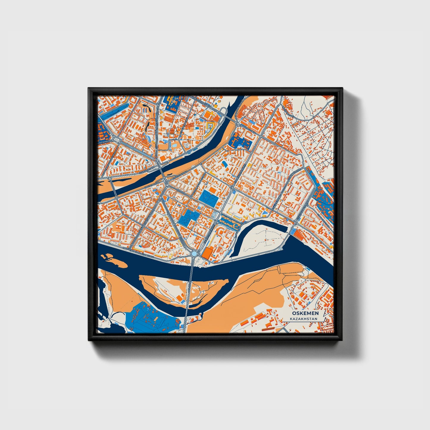 Oskemen Kazakhstan Colorful City Map Canvas Print • Black Framed