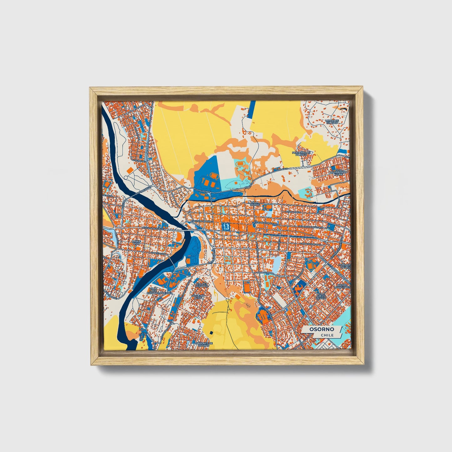 Osorno Chile Colorful City Map Canvas Print • Natural Wooden Framed