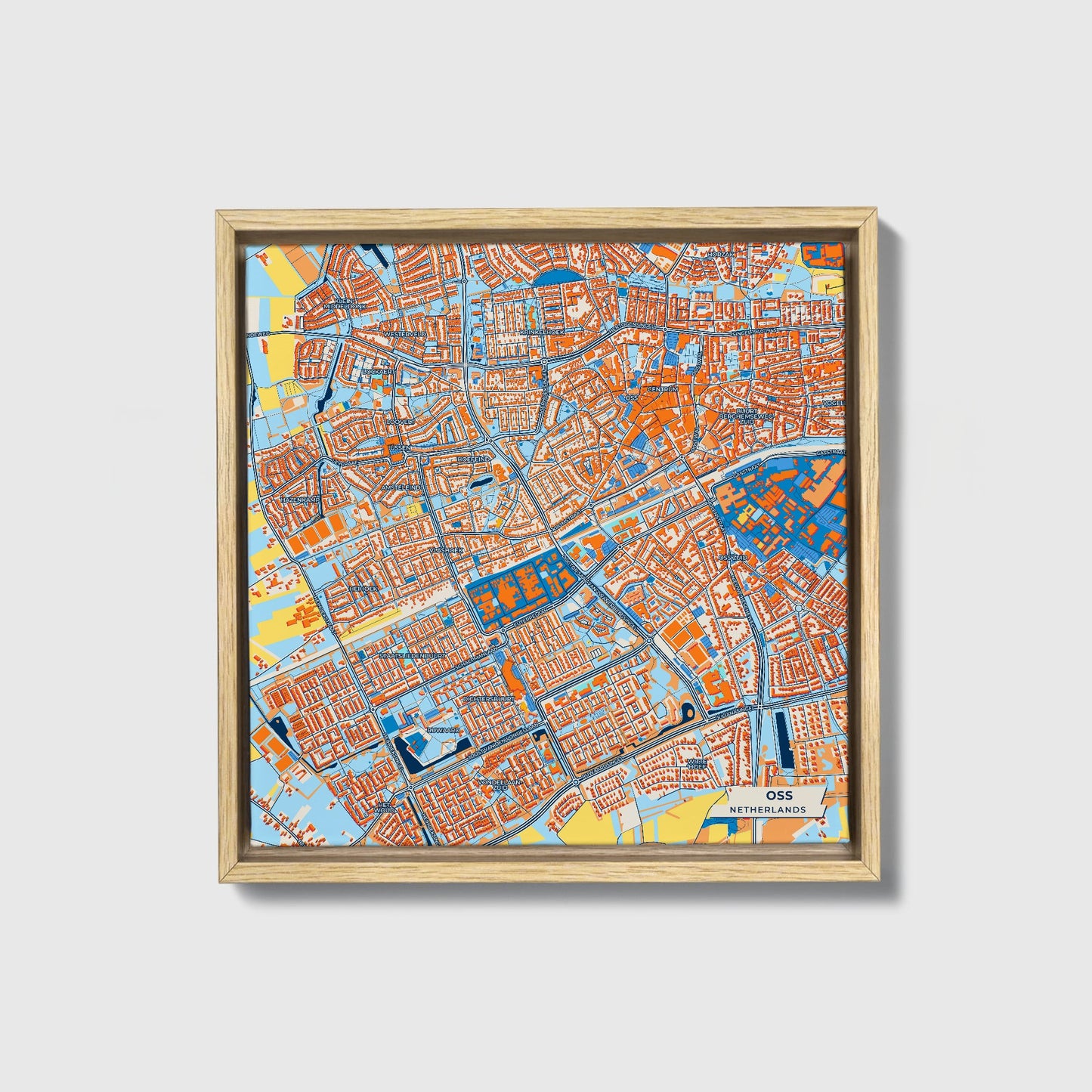 Oss Netherlands Colorful City Map Canvas Print • Natural Wooden Framed