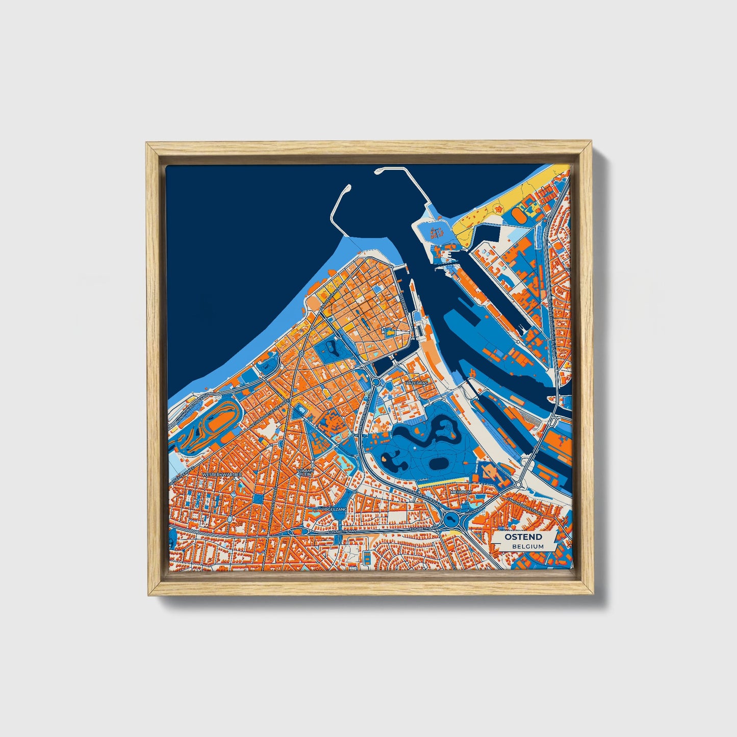 Ostend  Belgium Colorful City Map Canvas Print • Natural Wooden Framed