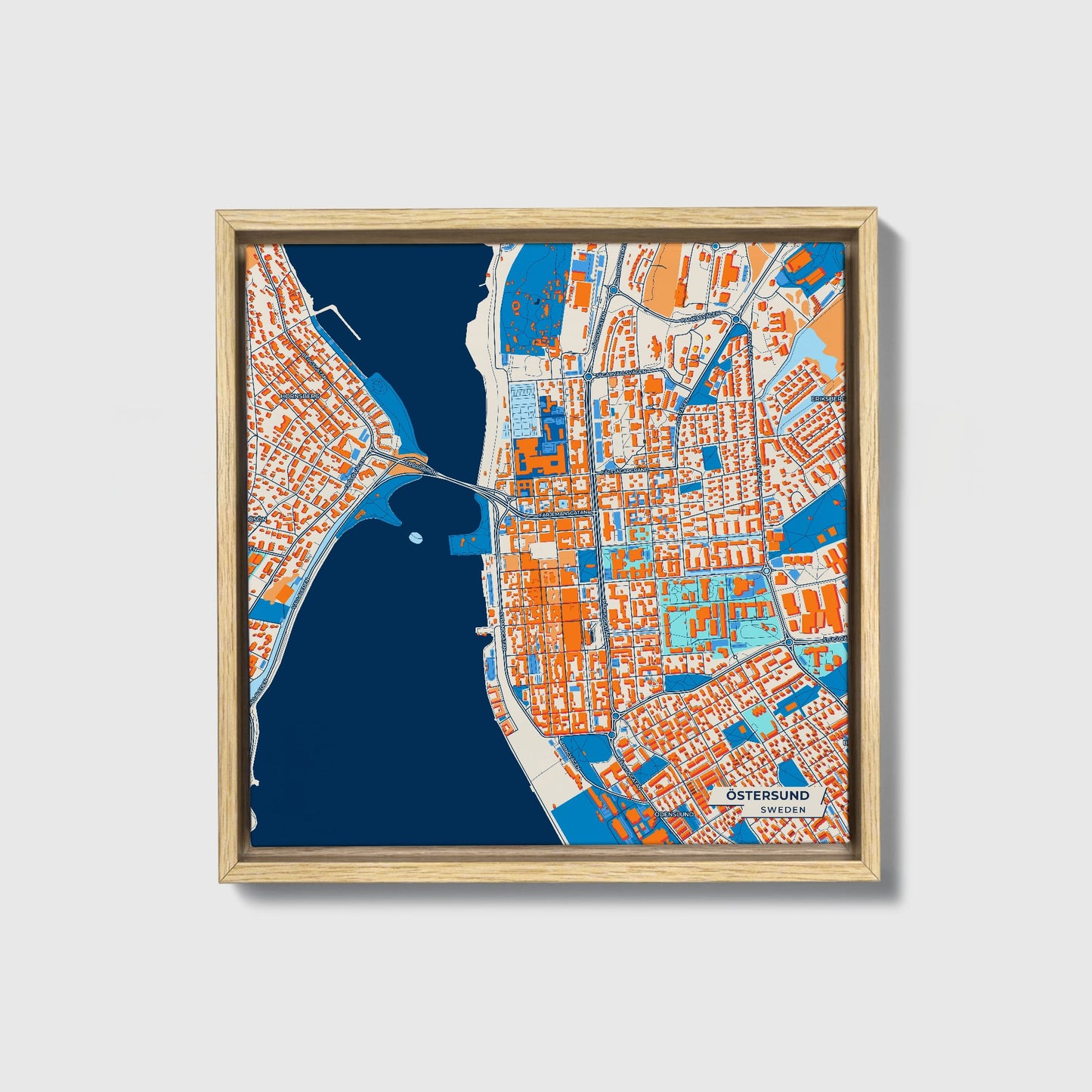 Östersund Sweden Colorful City Map Canvas Print • Natural Wooden Framed