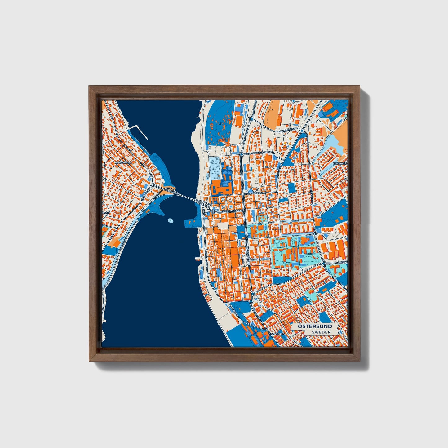 Östersund Sweden Colorful City Map Canvas Print • Dark Wooden Framed