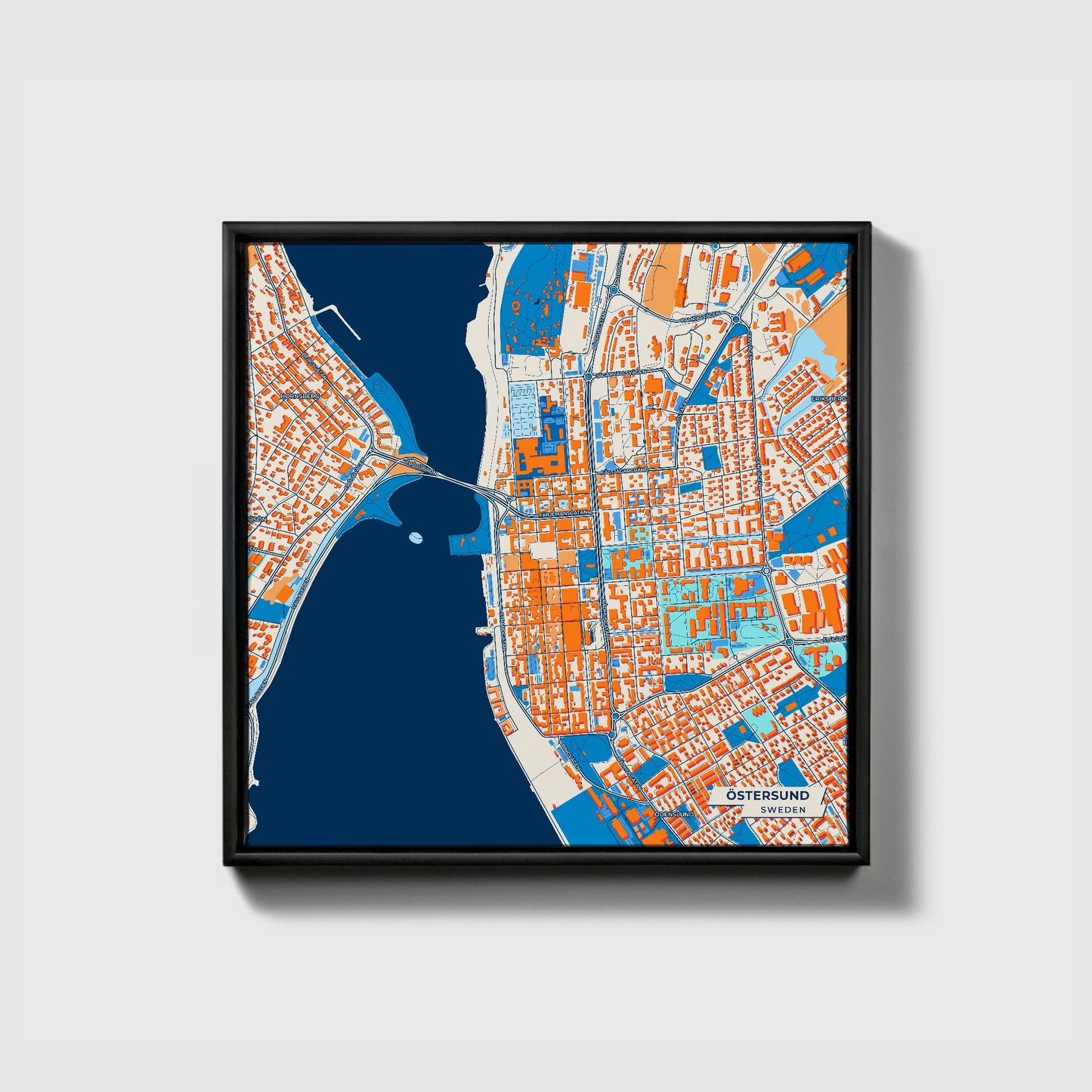 Östersund Sweden Colorful City Map Canvas Print • Black Framed