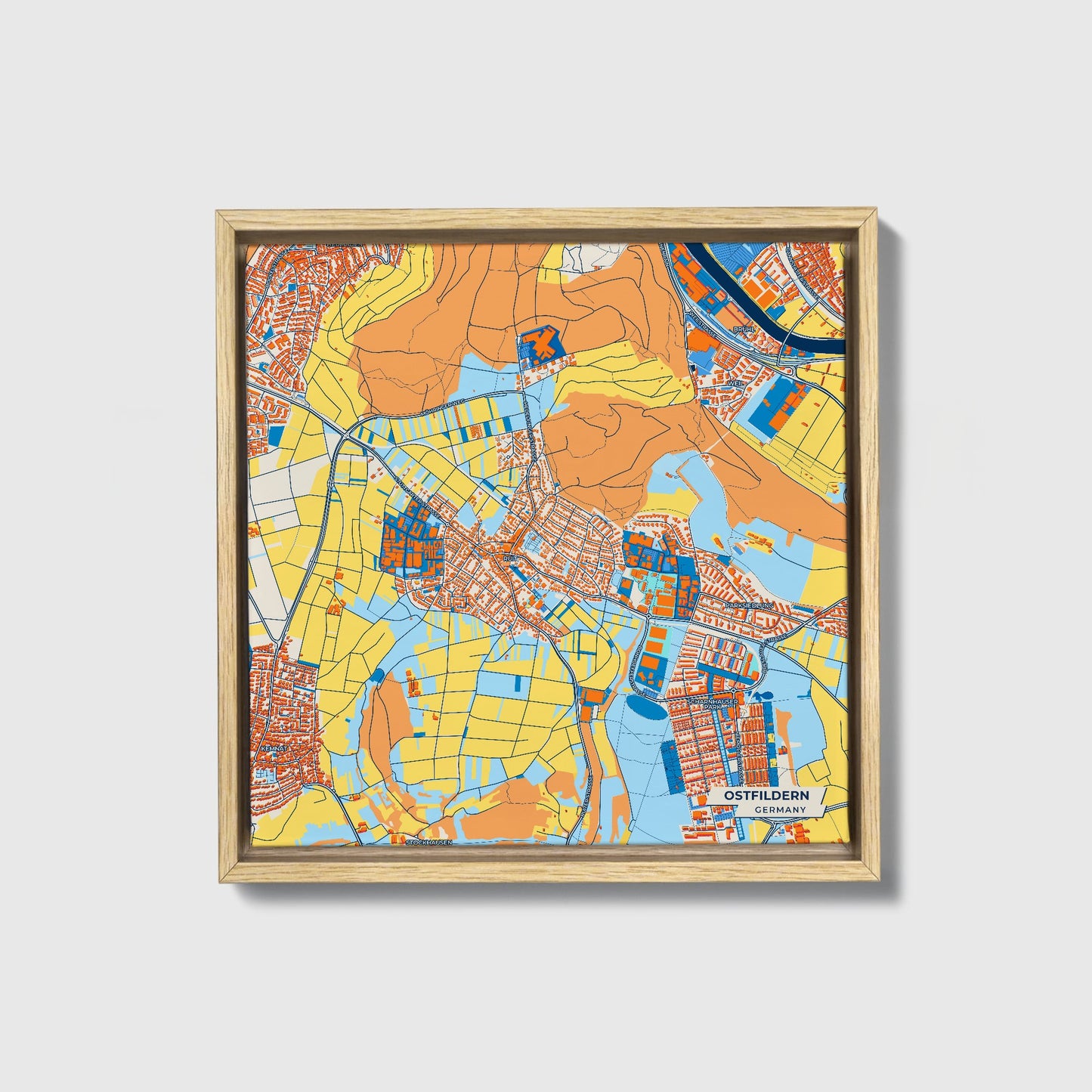 Ostfildern Germany Colorful City Map Canvas Print • Natural Wooden Framed